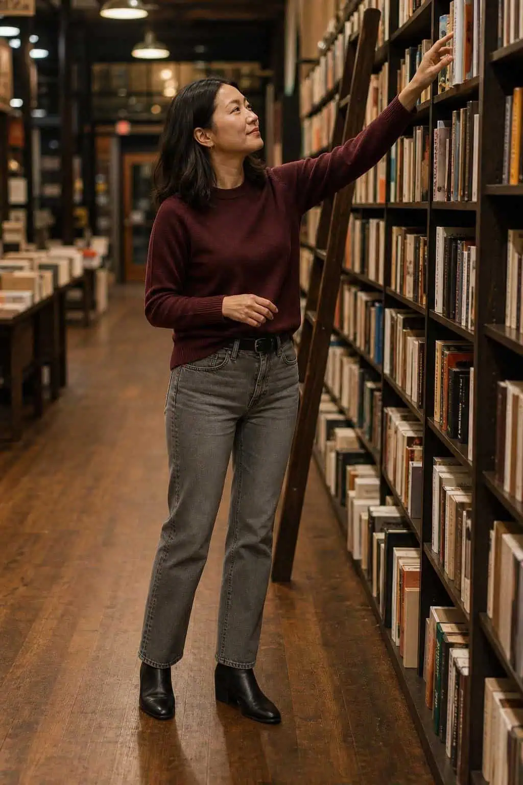 Burgundy crewneck sweater, gray straight jeans, black ankle boots, black belt, evening bookstore outing (option 2)