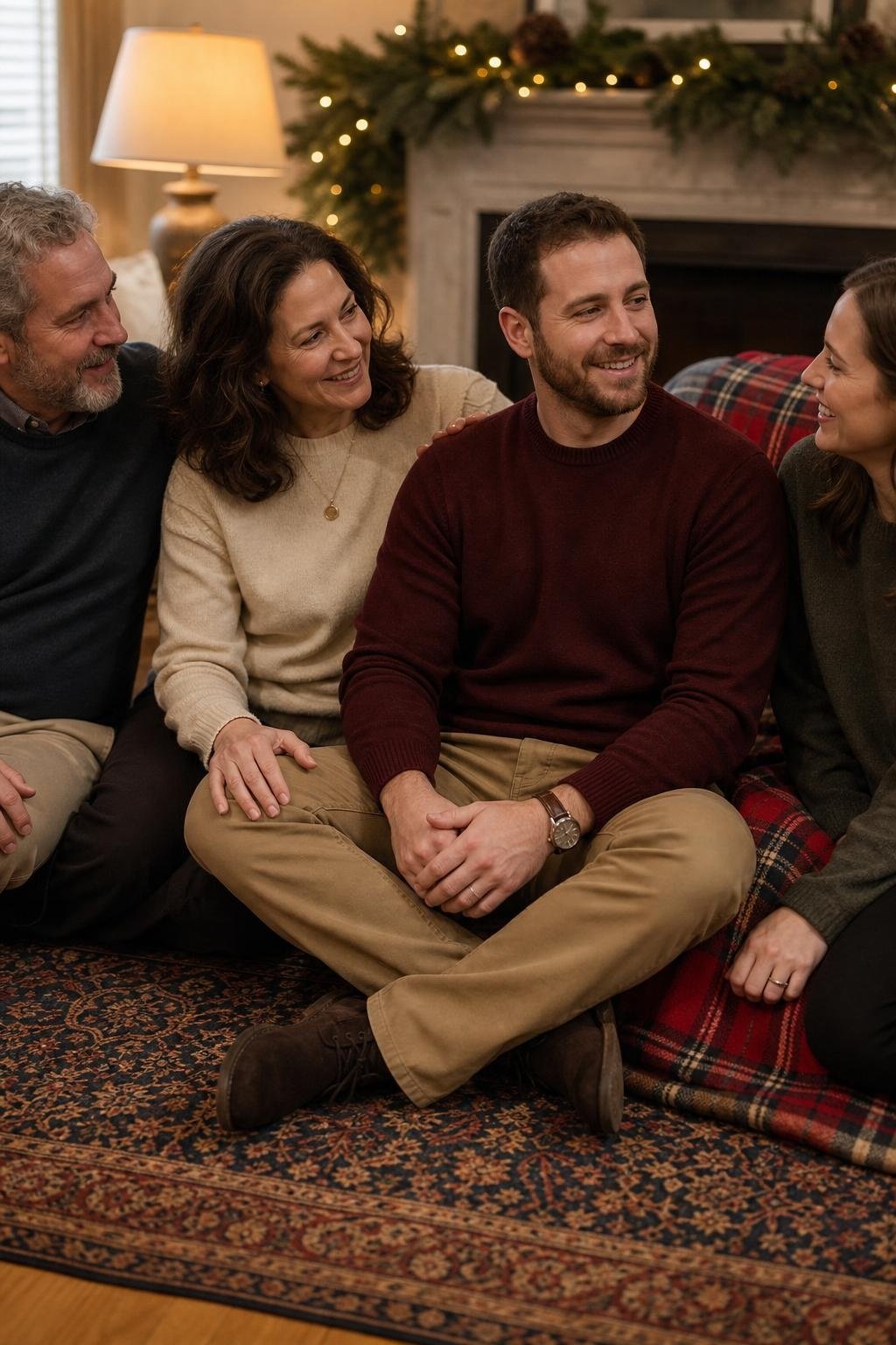 Burgundy crewneck sweater, tan five-pocket pants, dark brown desert boots, cozy indoor holiday portrait (option 1)