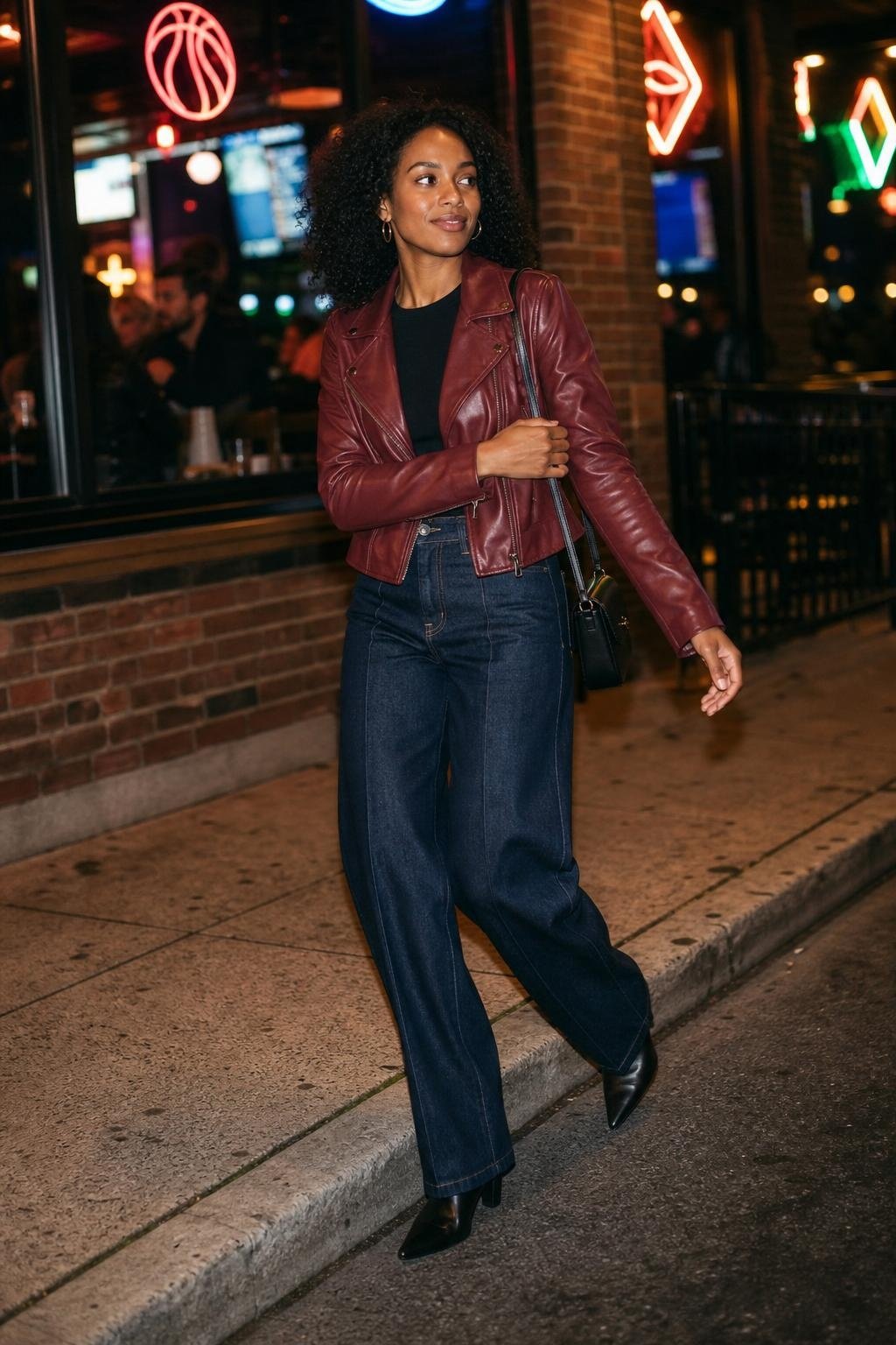 Burgundy faux leather jacket, black crewneck tee, wide-leg jeans, pointed boots, downtown sports bar night (option 2)