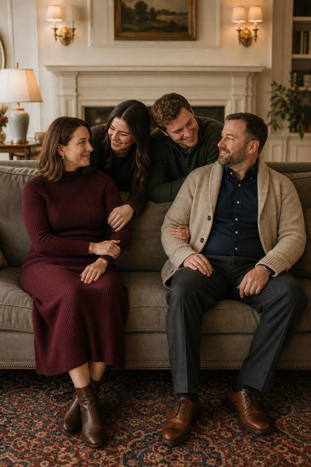 Burgundy knit dress, navy button-down, oatmeal cardigan, brown brogues, traditional living room portrait (option 1)
