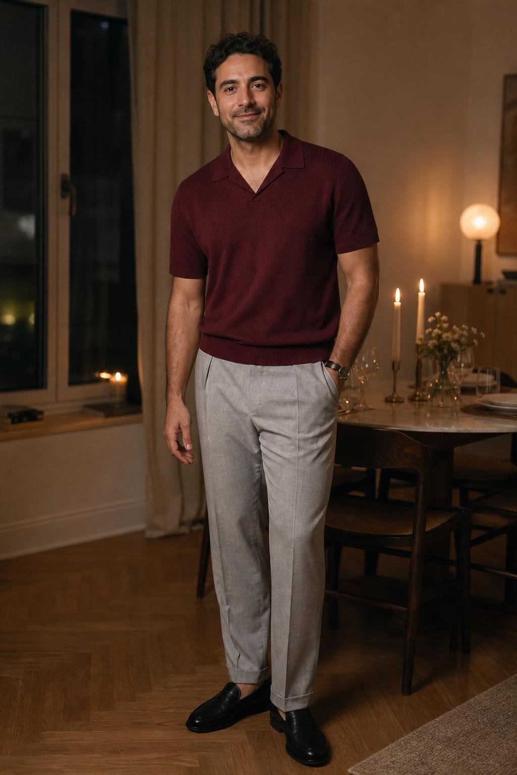 Burgundy knit polo, light gray relaxed trousers, black loafers, intimate summer date night (option 2)