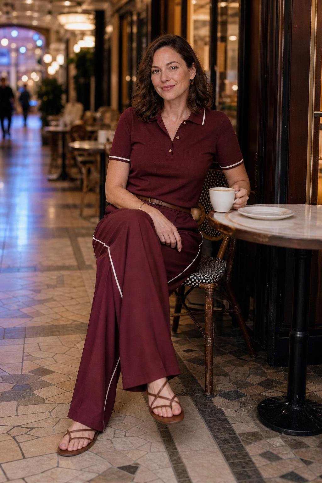 Burgundy knit polo with cream wide-leg trousers and brown sandals in an indoor promenade cafe (option 2)
