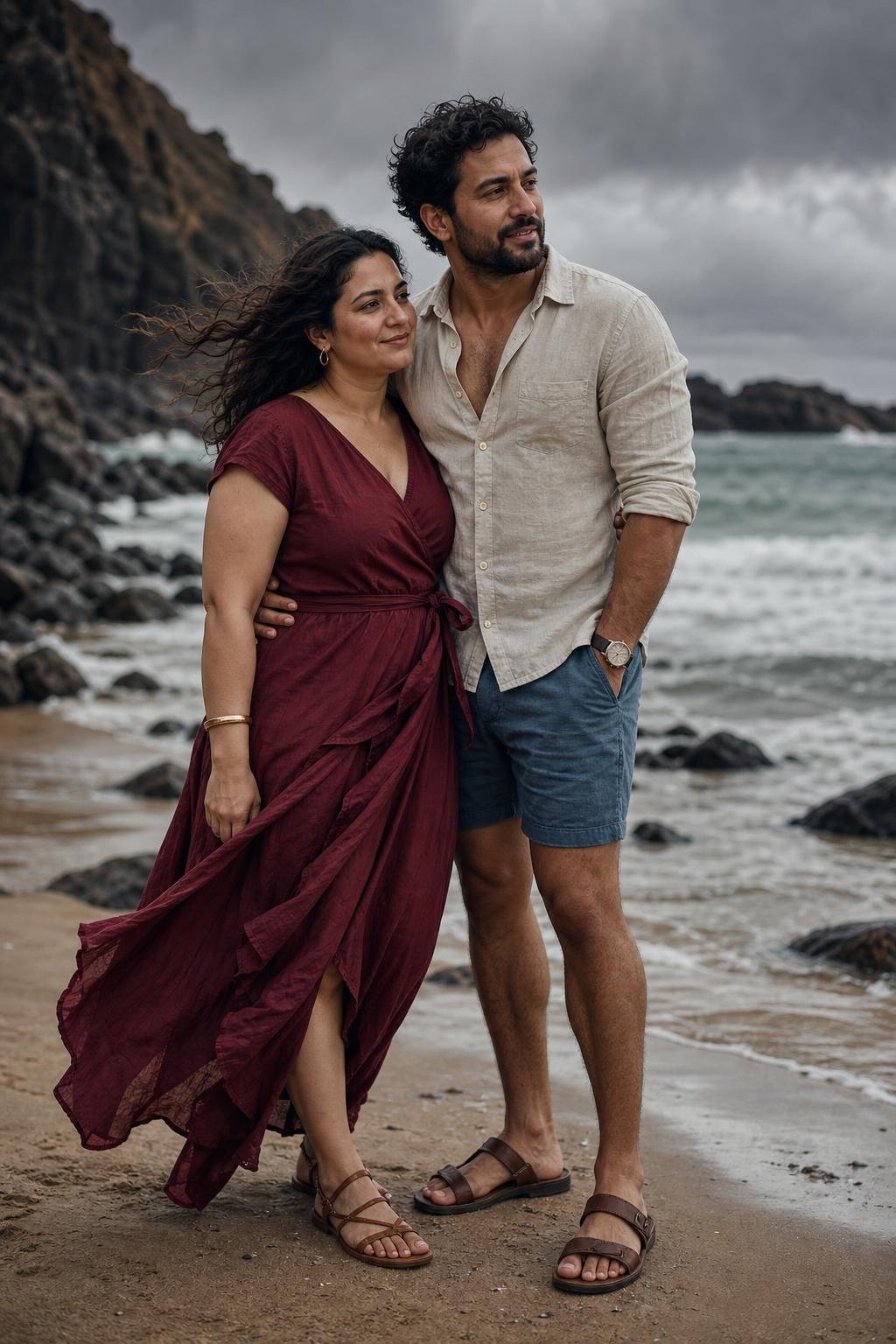 Burgundy linen dress, flax shirt, weathered blue shorts, leather sandals, dramatic cloudy beach portraits (option 1)