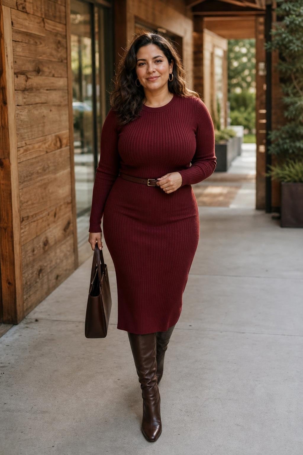 Burgundy ribbed knit midi dress, dark brown tall boots, slim belt, warm wood-paneled office corridor (option 2)