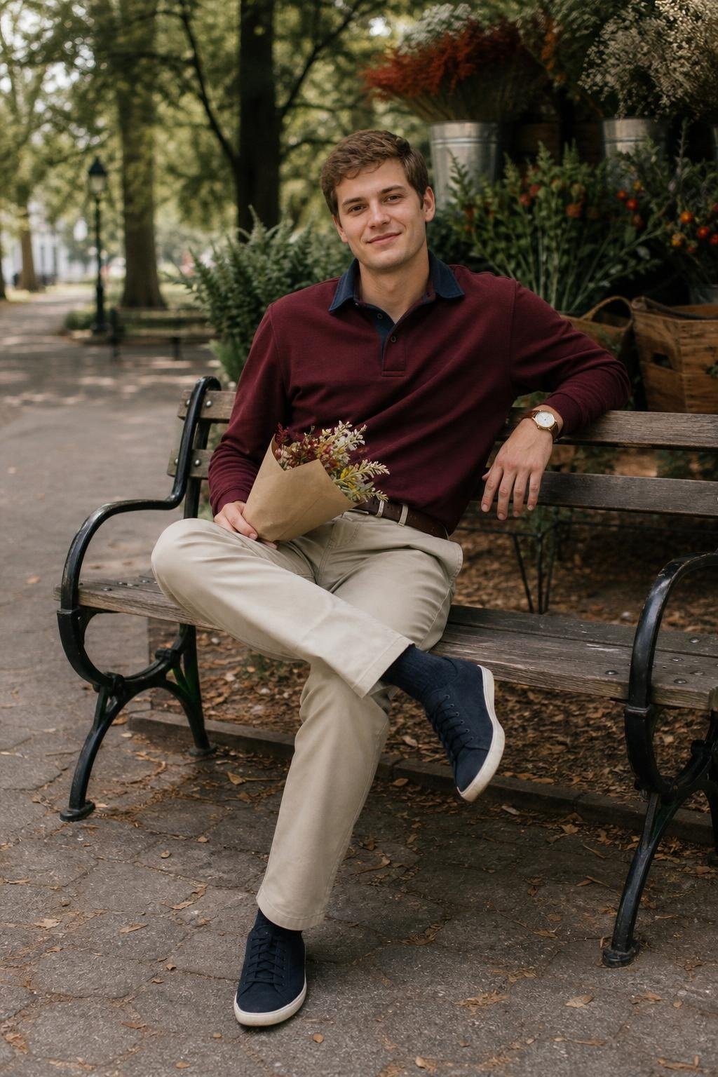 Burgundy rugby shirt, stone chinos, navy canvas sneakers, park bench and weekend errands mood (option 1)