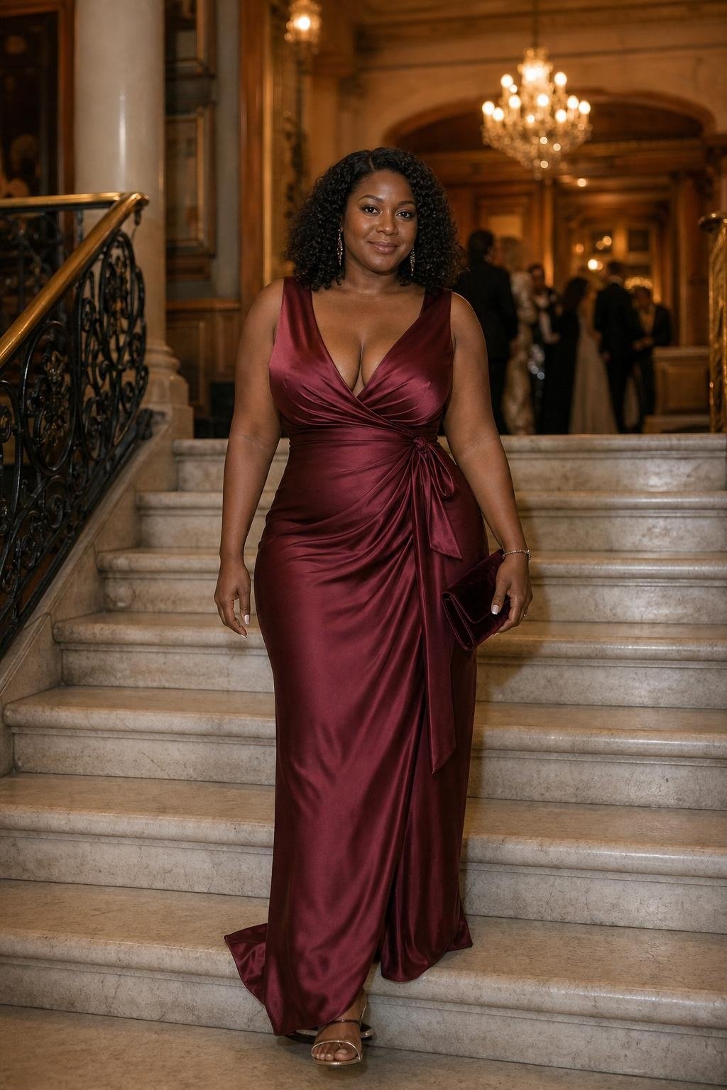 Burgundy satin wrap gown with velvet clutch in a grand ballroom (option 1)