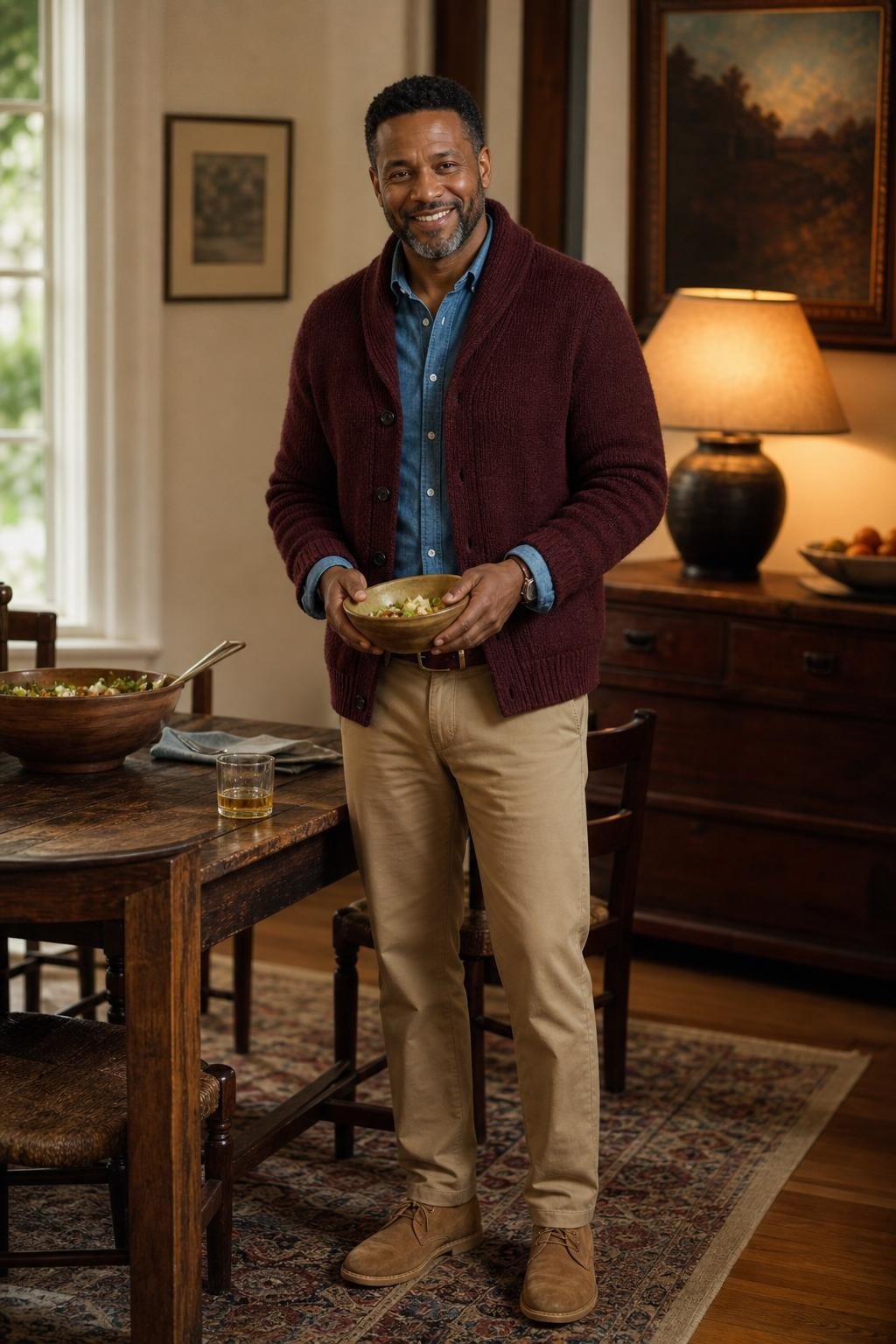 Burgundy shawl cardigan, blue chambray shirt, tan chinos, suede desert boots, cozy family dinner at home (option 2)