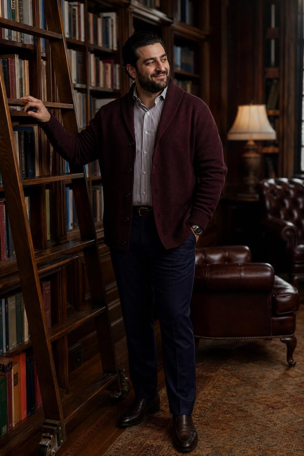 Burgundy shawl cardigan, navy tailored trousers, striped dress shirt, dark brown loafers, book-lined office (option 2)