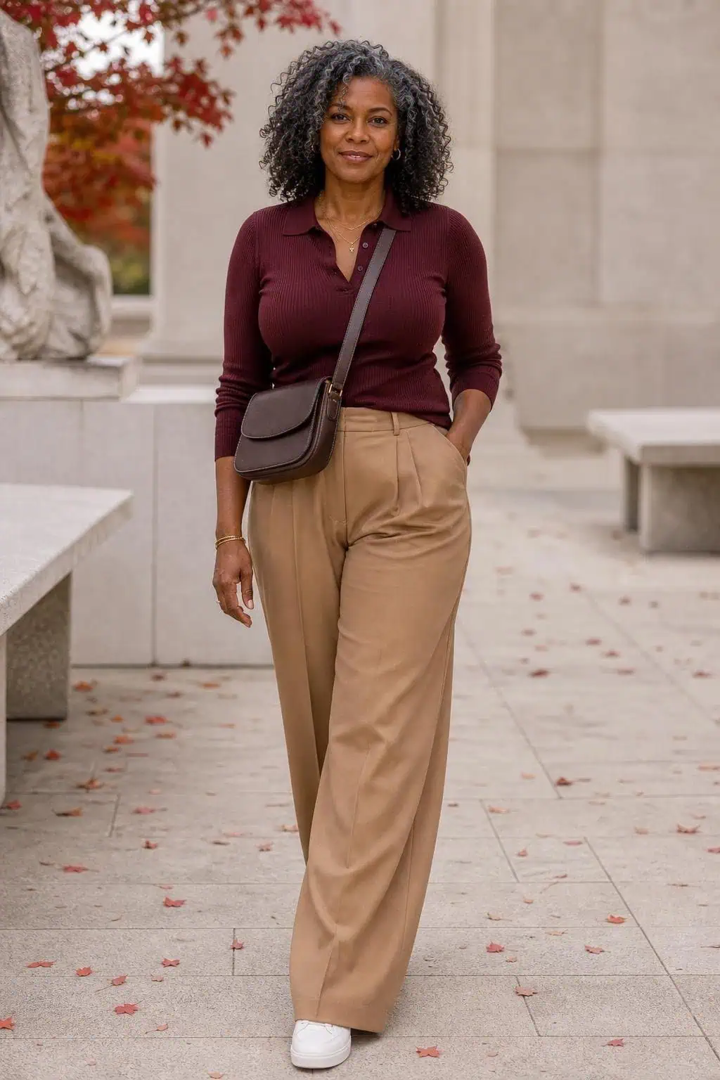 Burgundy sweater polo, camel wide-leg trousers, white sneakers, leather crossbody in a museum courtyard (option 1)