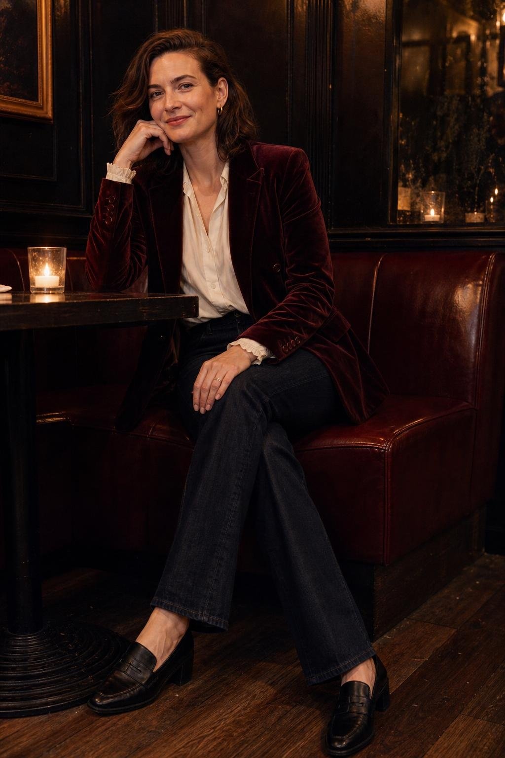 Burgundy velvet blazer, white blouse, dark straight jeans, heeled loafers, candlelit restaurant booth (option 1)