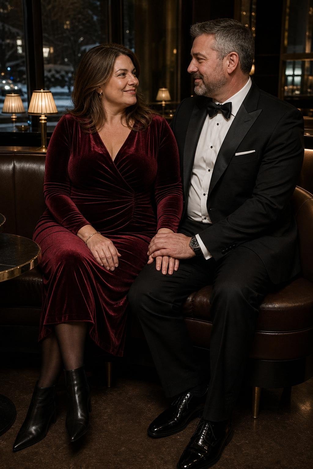 Burgundy velvet long-sleeve dress, black ankle boots, moody winter hotel lounge (option 1)