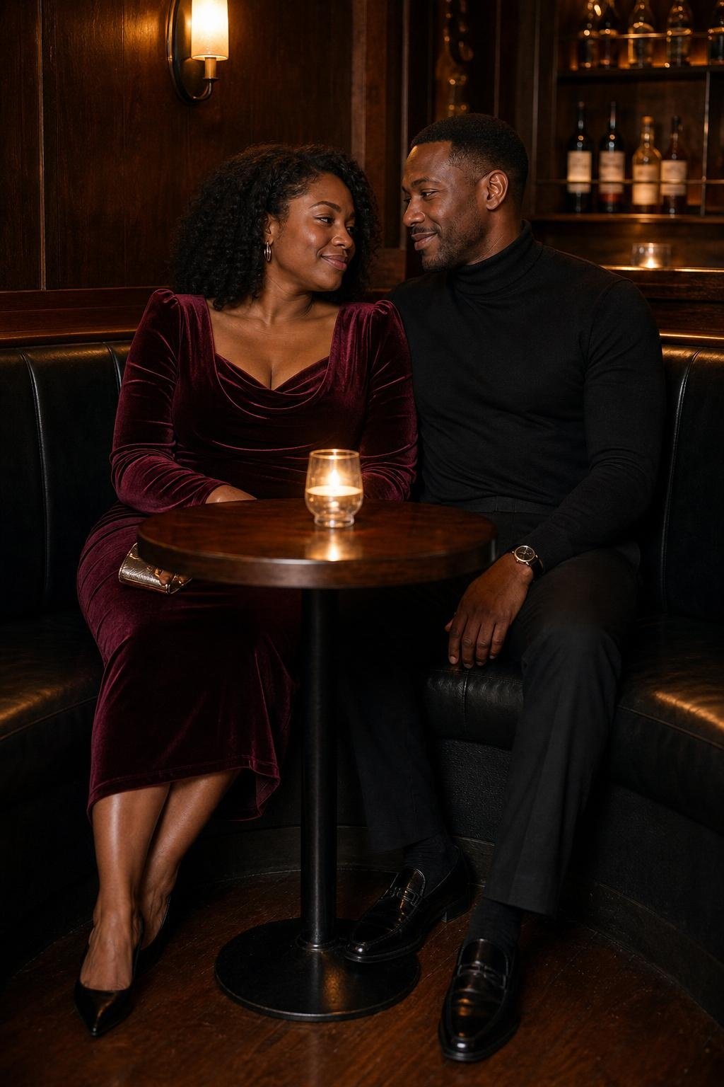 Burgundy velvet midi dress with black turtleneck and tailored trousers in a moody wine bar (option 2)