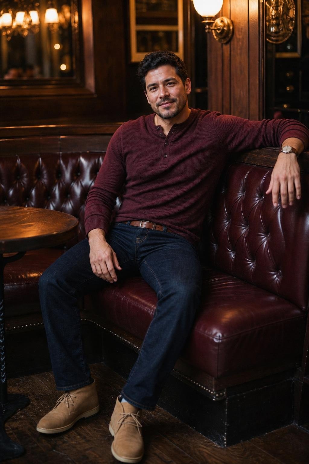 Burgundy waffle henley, dark rinse jeans, tan desert boots, cozy pub dinner mood (option 2)