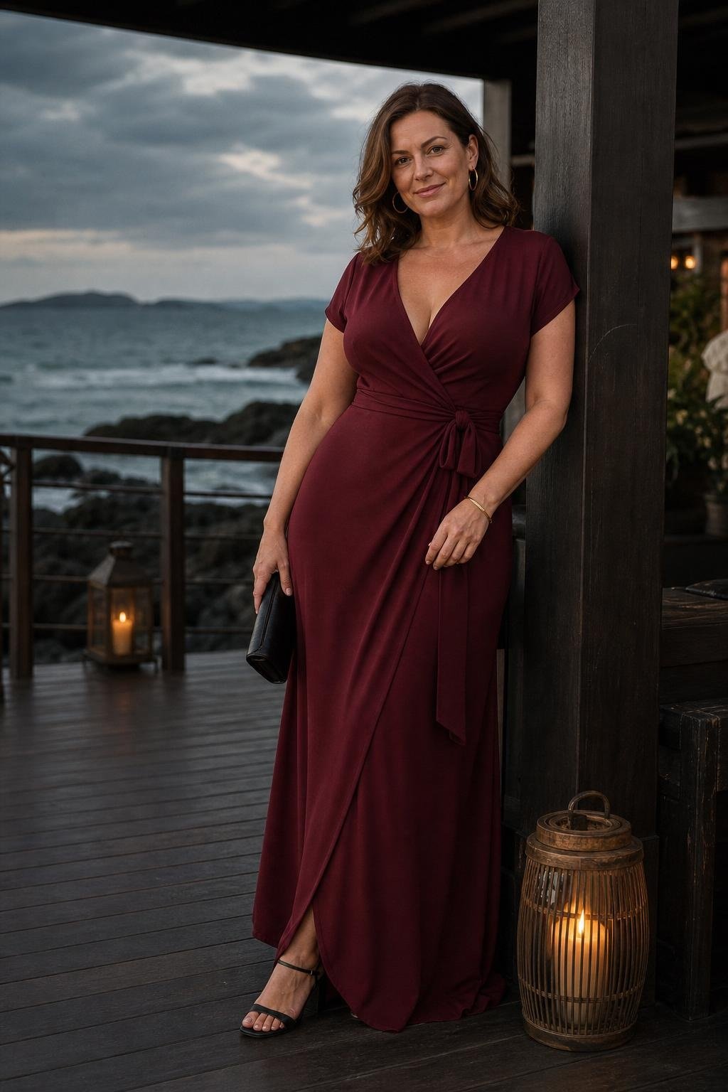 Burgundy wrap maxi dress with black block heels on a moody coastal resort terrace (option 2)