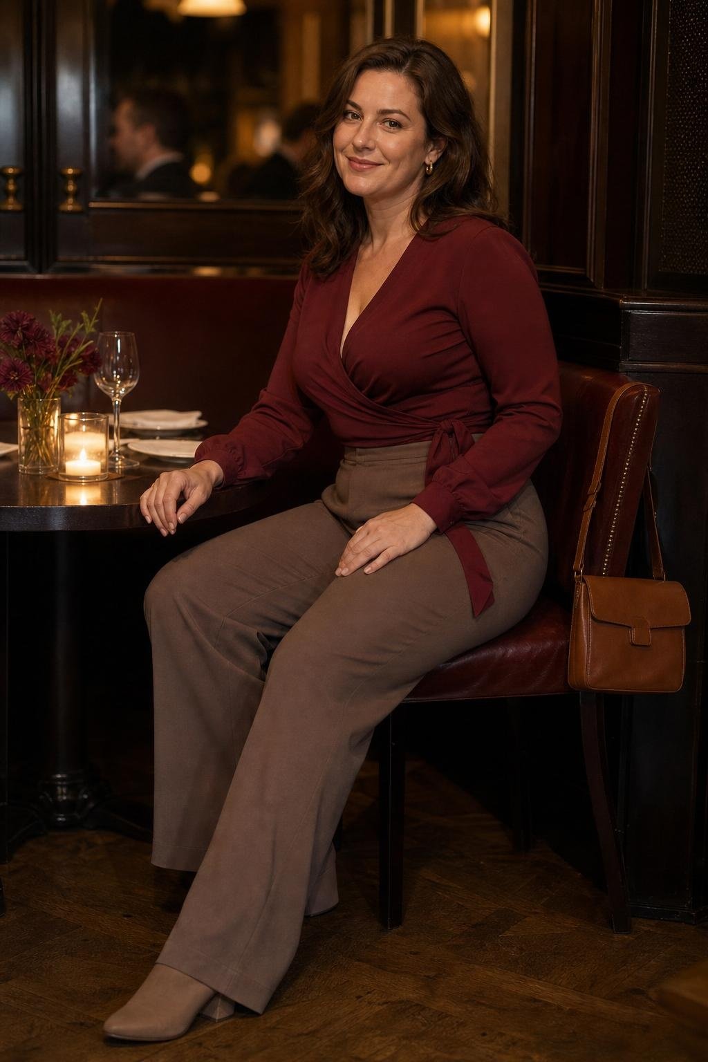 Burgundy wrap-style blouse, taupe full-length trousers, block heels, leather shoulder bag, restaurant date night (option 1)