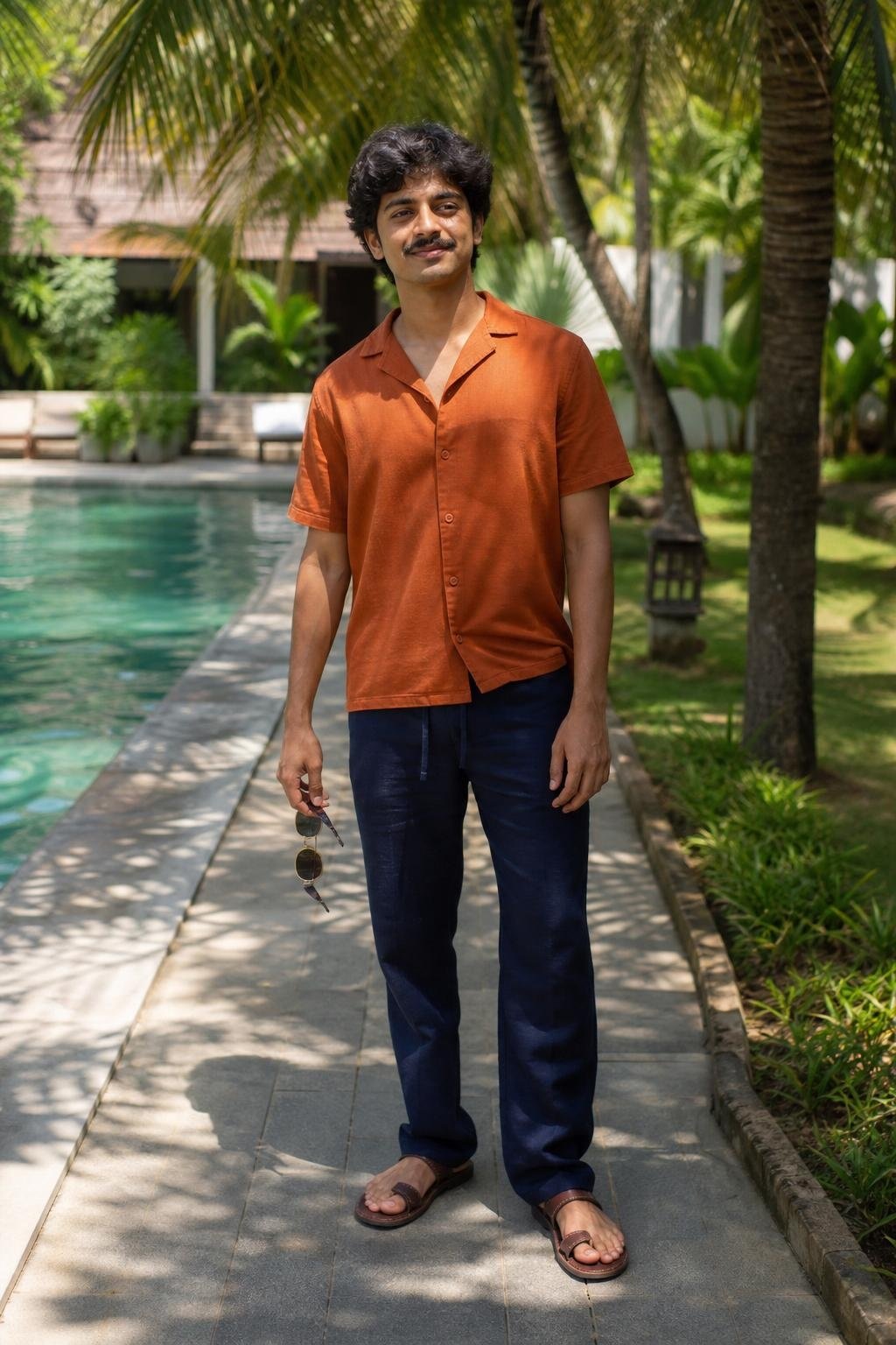 Burnt orange camp collar shirt, navy linen pants, leather sandals, tropical resort family photo (option 1)