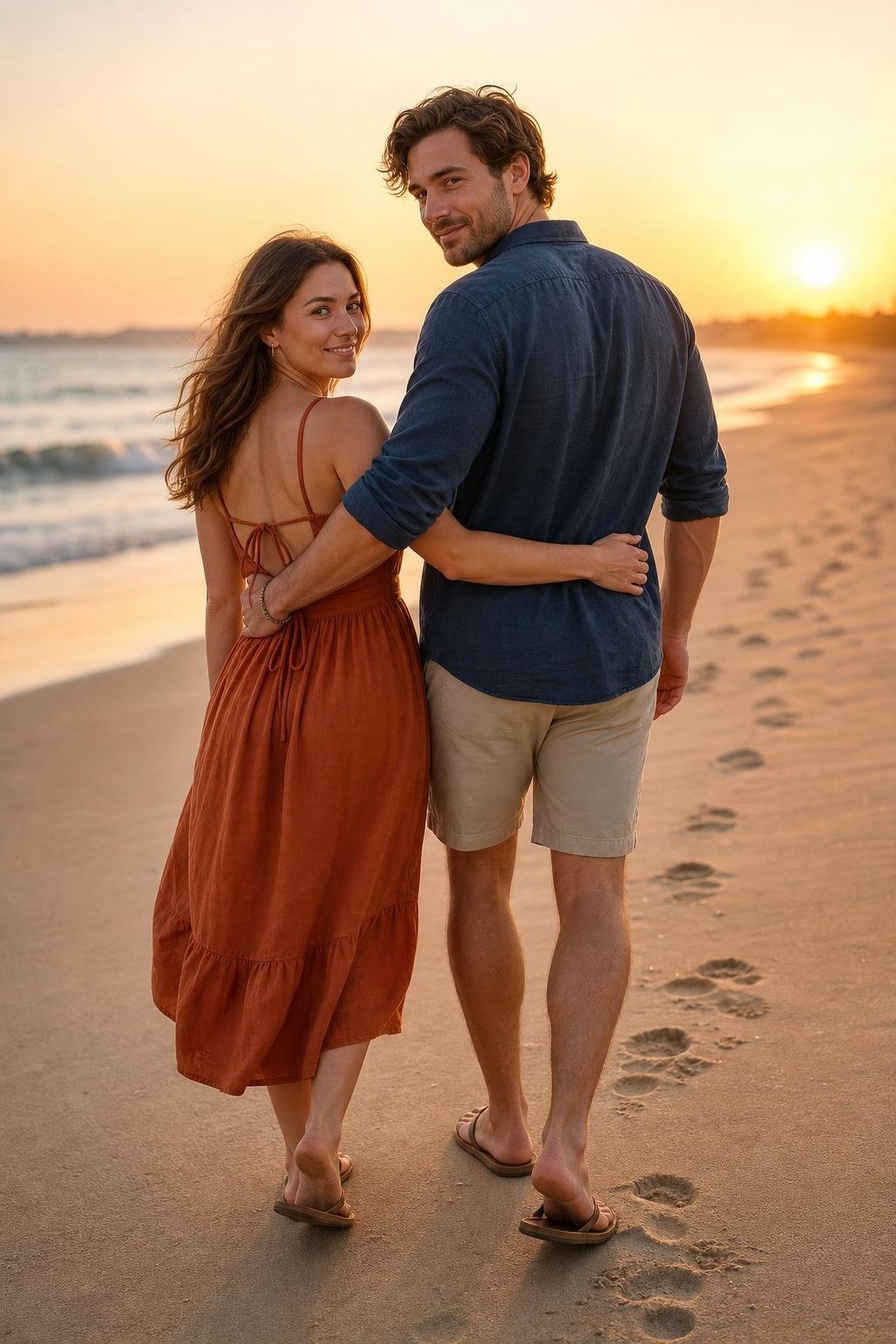 Burnt orange cotton dress, ink blue shirt, light tan shorts, leather flip-flops, glowing sunset beach portraits (option 1)