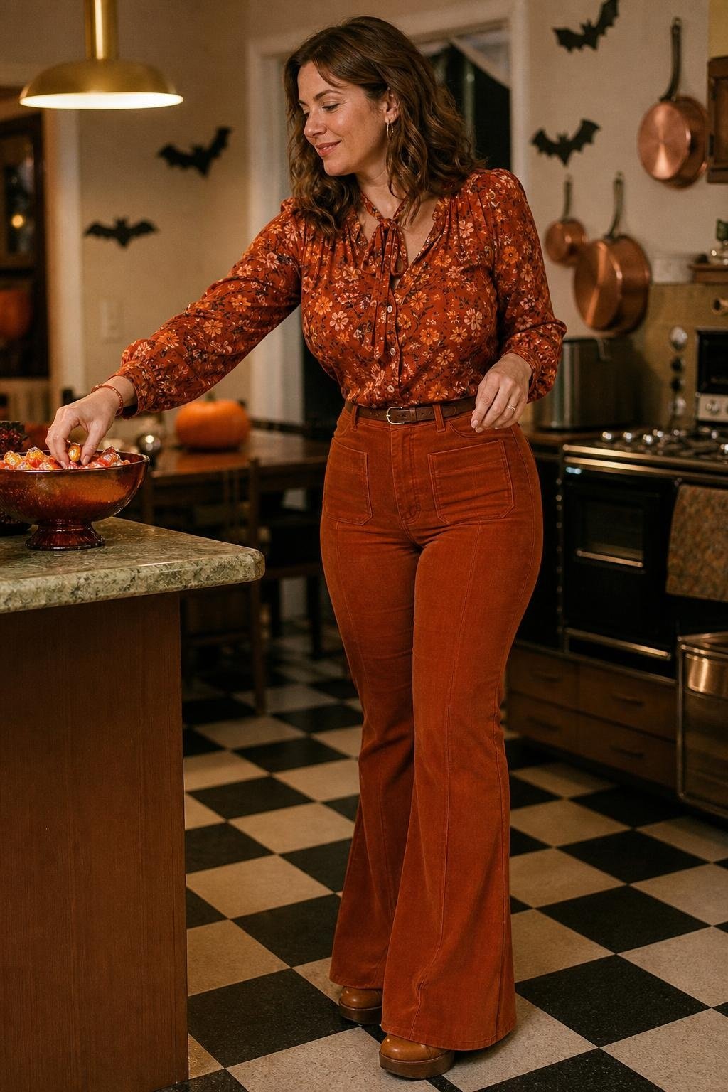 Burnt orange flared trousers, rust floral blouse, platform clogs, retro kitchen Halloween party (option 2)