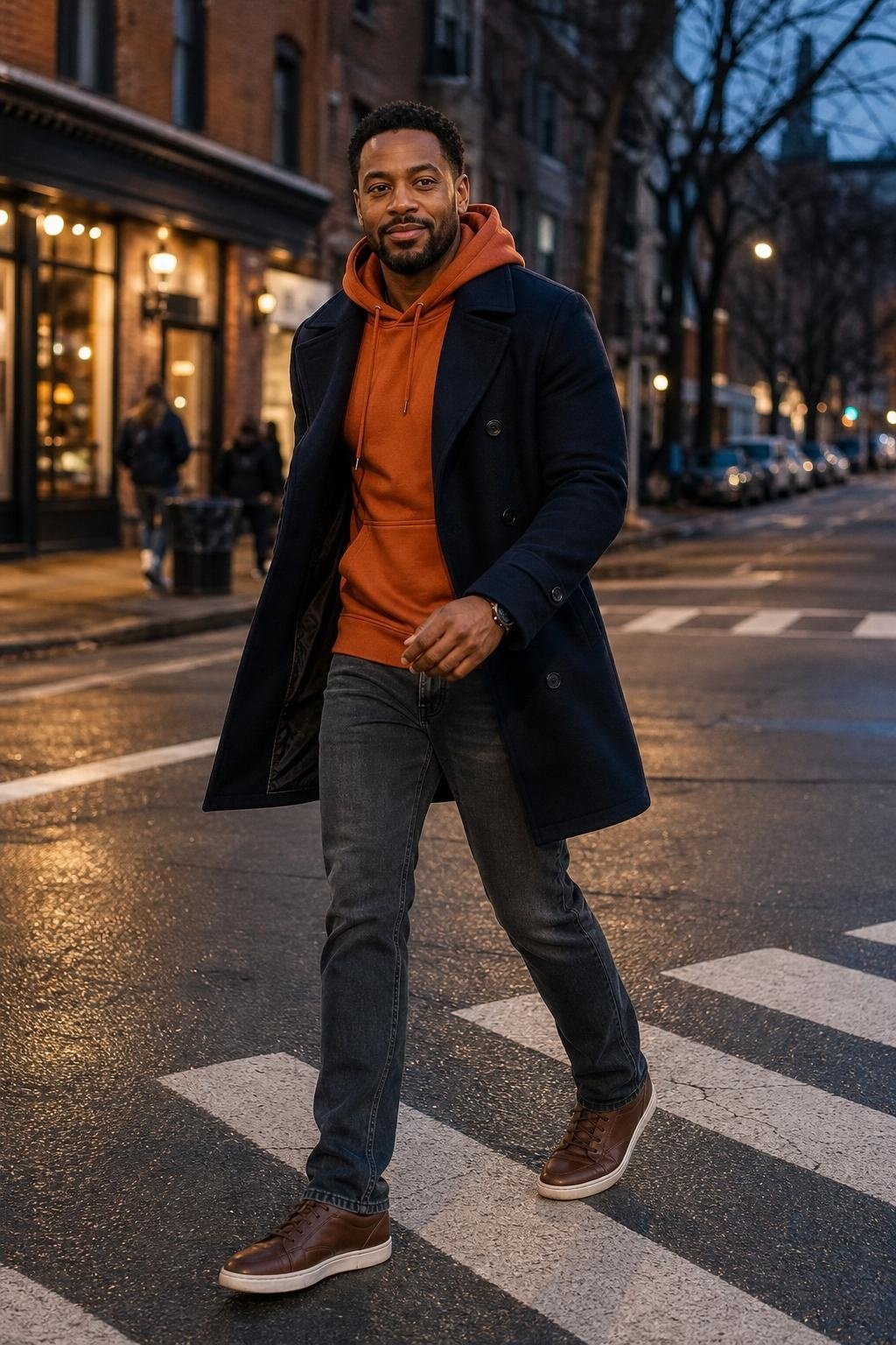 Burnt orange hoodie, navy peacoat, dark gray jeans, brown leather sneakers, cold evening street walk (option 2)