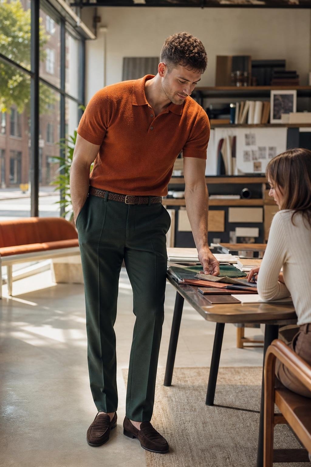 Burnt orange knit polo, deep green suit trousers, brown woven belt, suede loafers, creative meeting table (option 1)