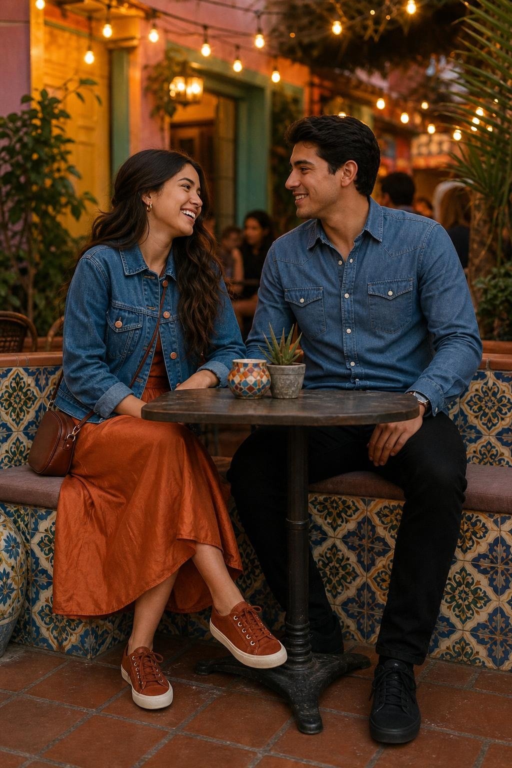 Burnt orange midi skirt with denim jacket, rust sneakers, denim shirt and black jeans, lively taco patio (option 2)