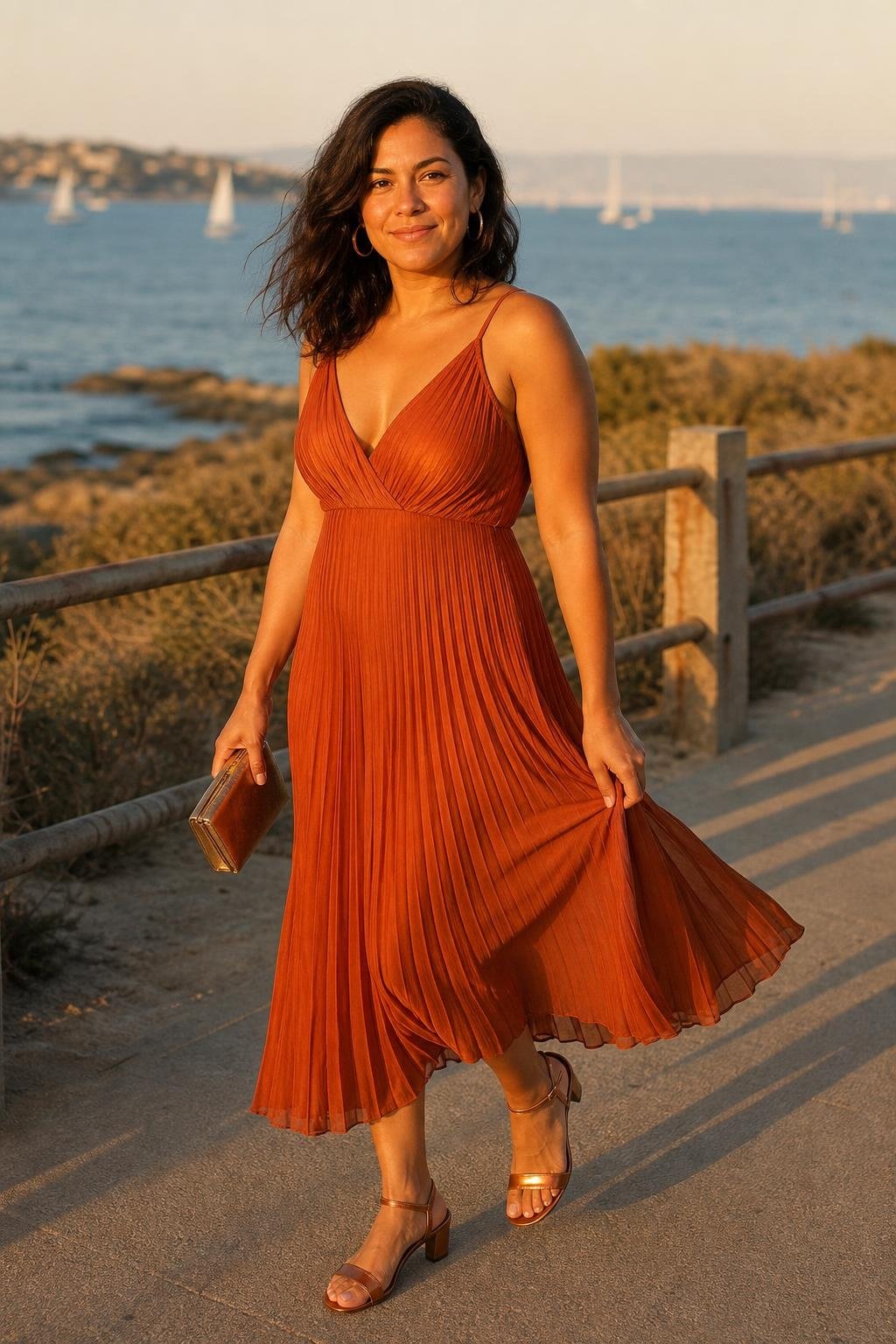Burnt orange plissé midi dress with copper sandals on a golden-hour beach promenade (option 2)
