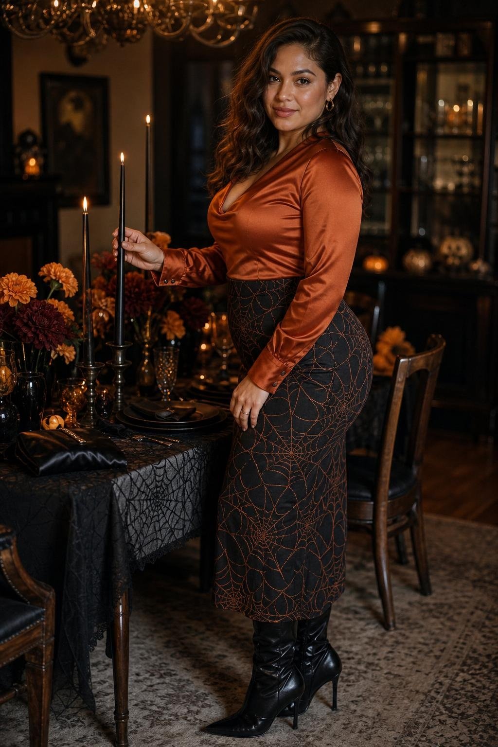 Burnt orange satin blouse, black web skirt, pointed boots, moody Halloween dinner party (option 1)