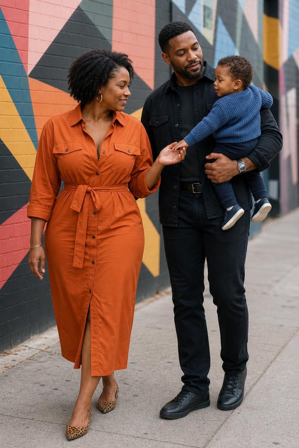 Burnt orange shirt dress, black denim jeans, blue knit pullover, leopard flats in a mural-lined street scene (option 2)