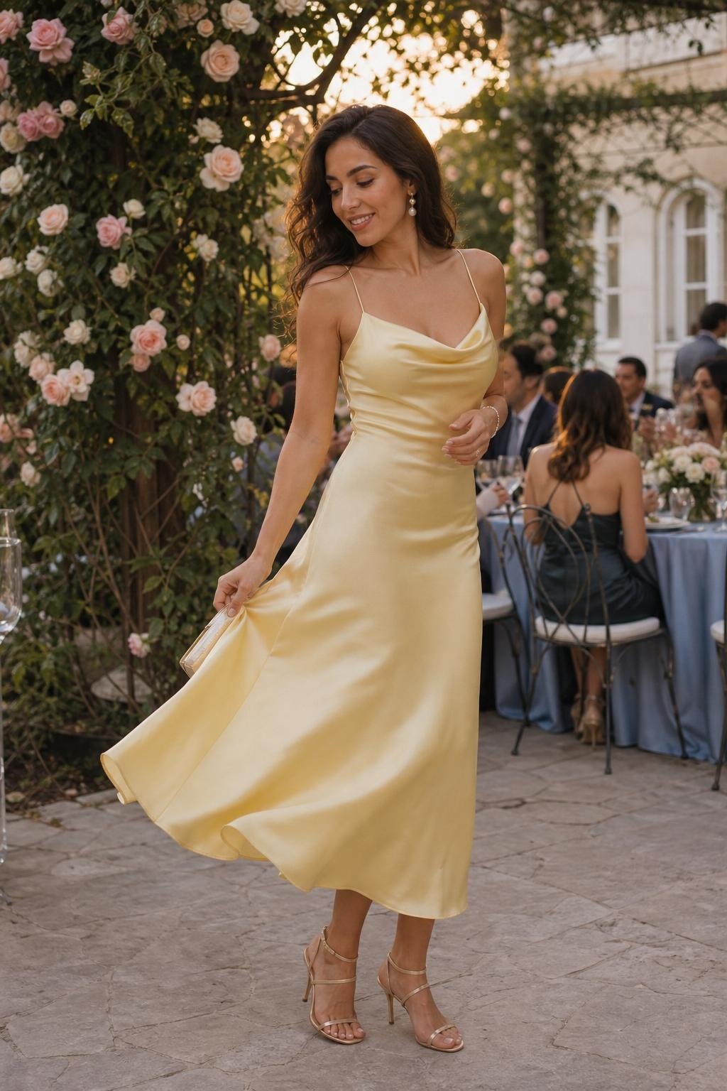 Butter yellow bias-cut midi dress with champagne heels at a soft summer garden reception (option 2)
