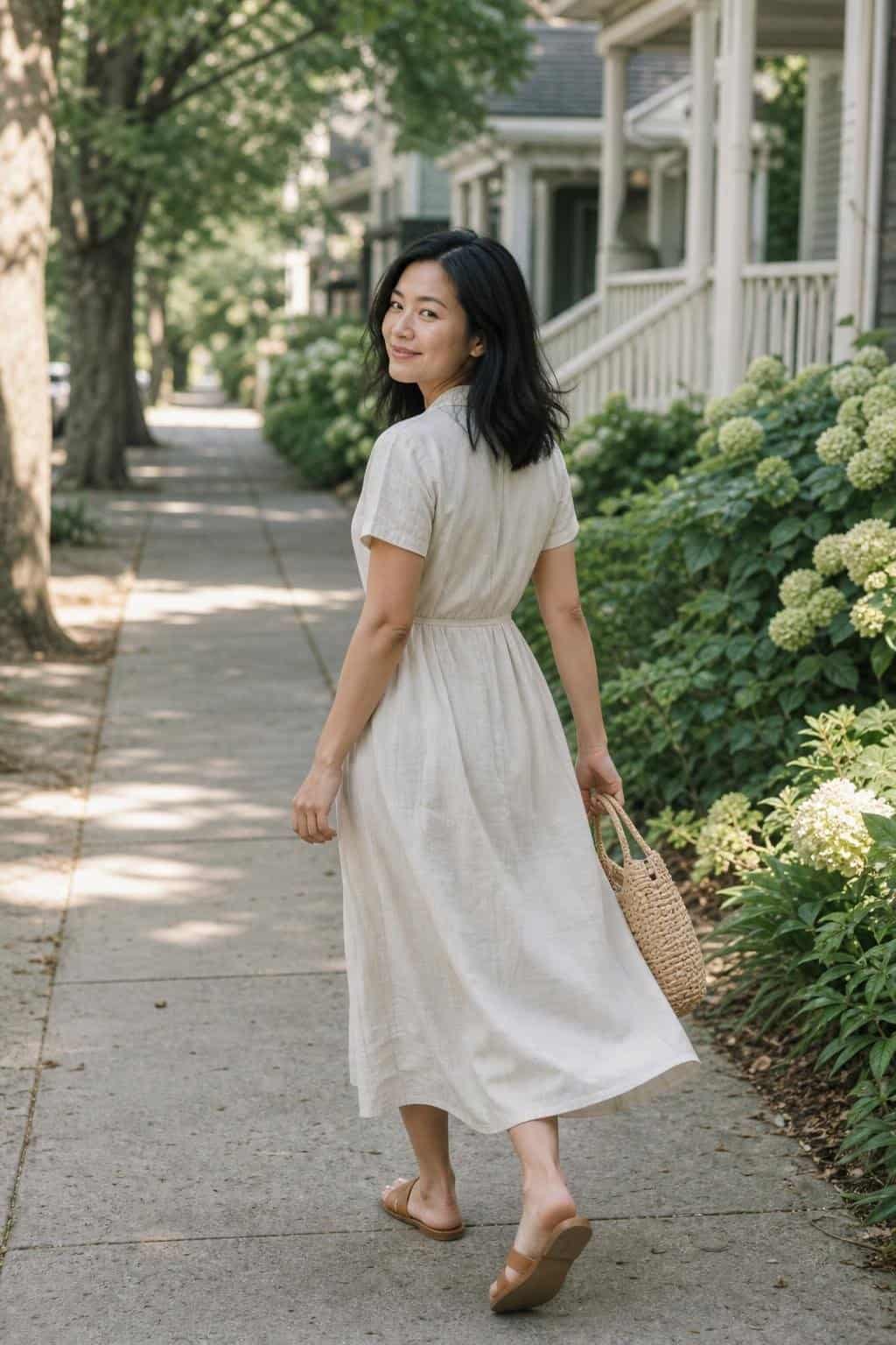 Button-front midi dress, flat tan slides, woven handbag, leafy neighborhood street (option 1)