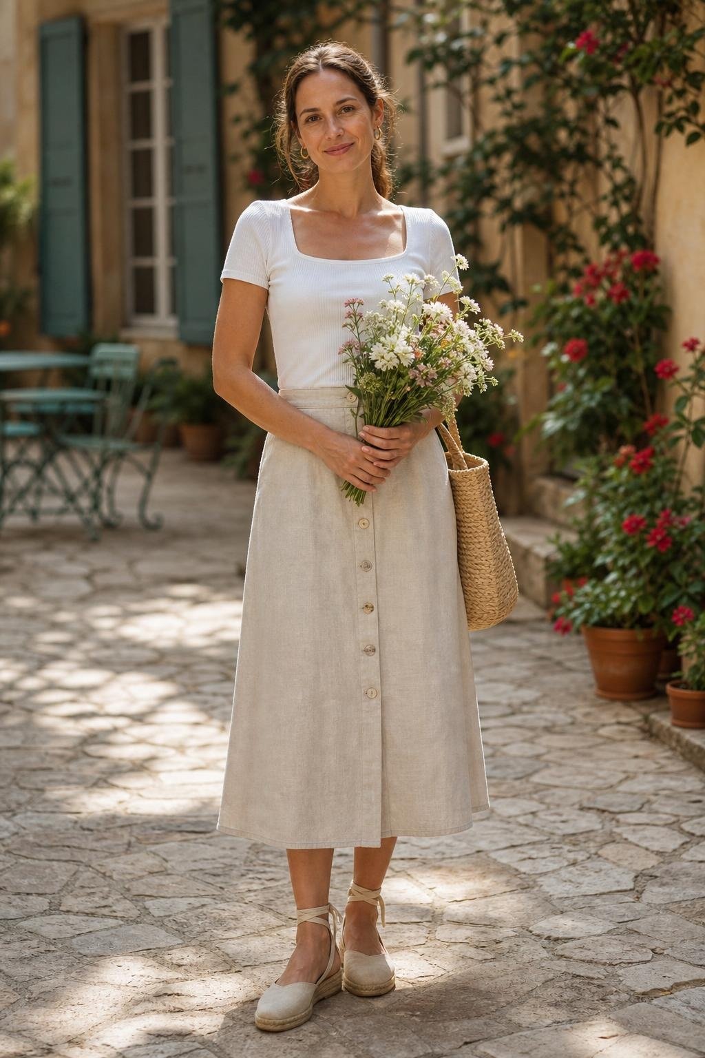 Button-front oatmeal midi skirt with white square-neck tee and espadrilles in a sunny courtyard, clean cottage casual outfit (option 1)