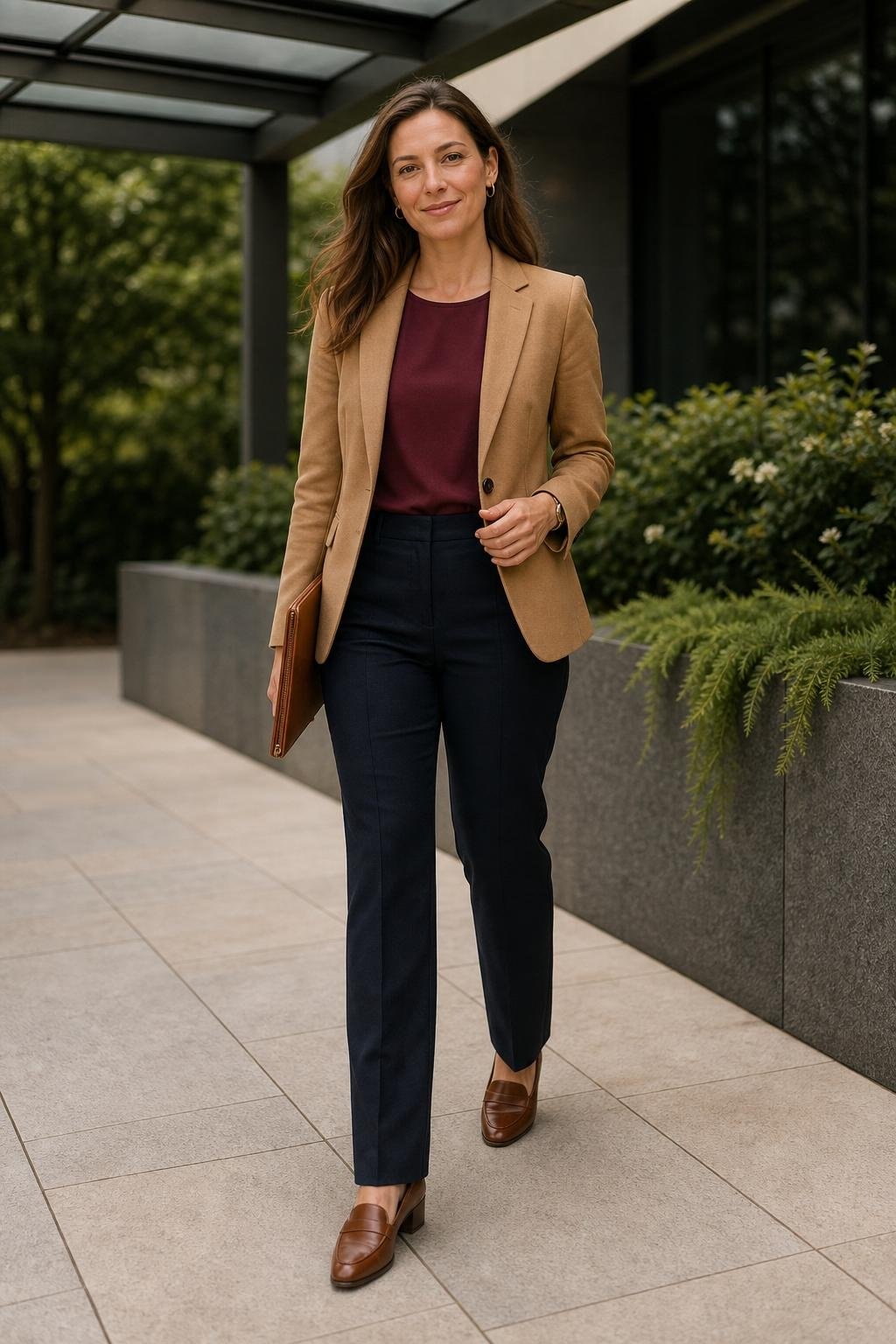 Camel blazer, berry sleeveless shell, dark wash trousers, brown heeled loafers, polished office reception (option 2)