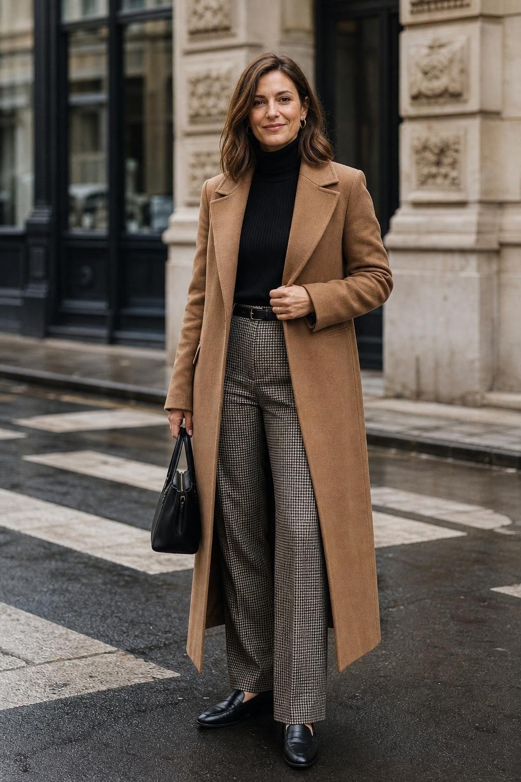 Camel coat, black turtleneck, houndstooth trousers, black loafers, city crosswalk near stone façades (option 2)