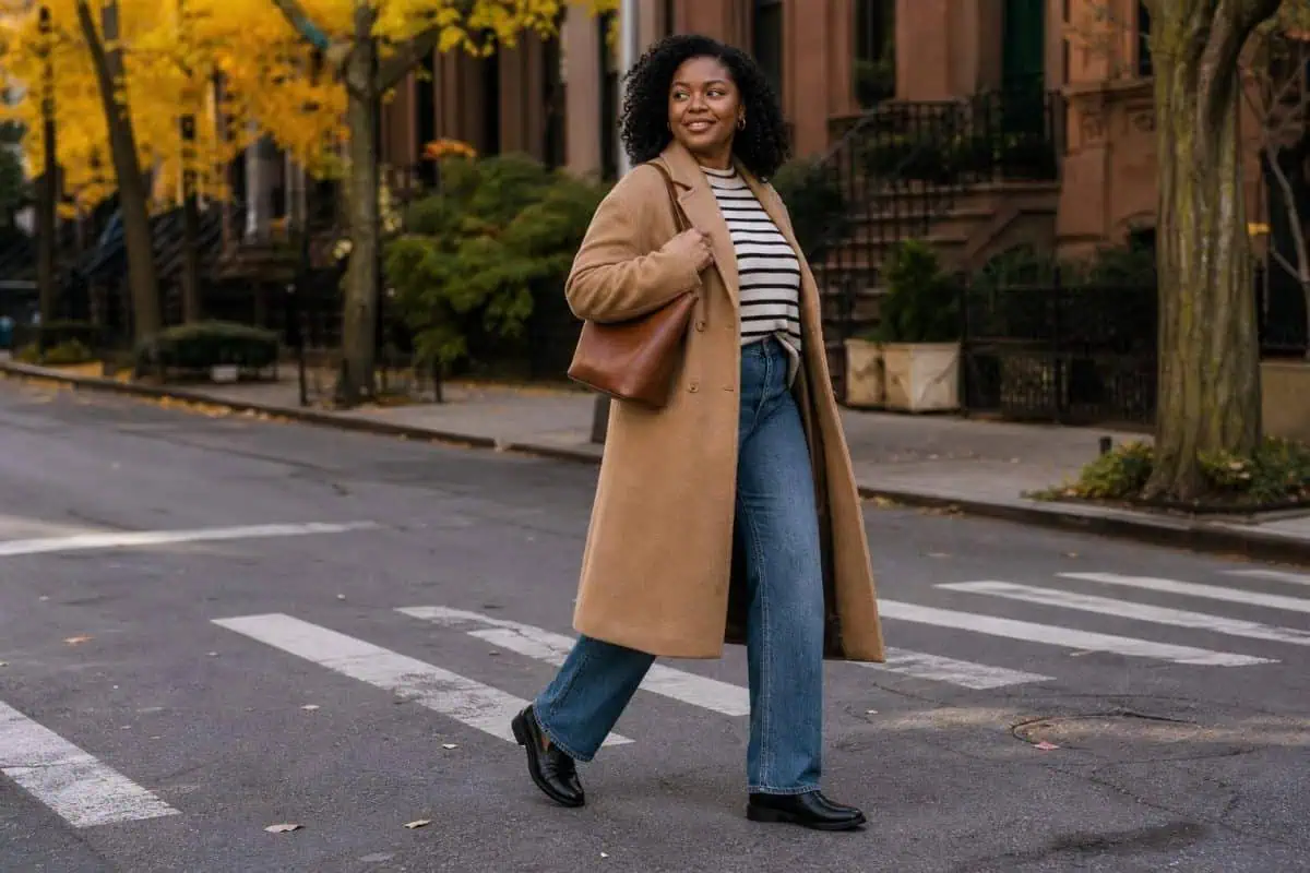Camel coat, striped sweater, straight jeans, loafers, leather tote, walking through a leafy city street (option 1)