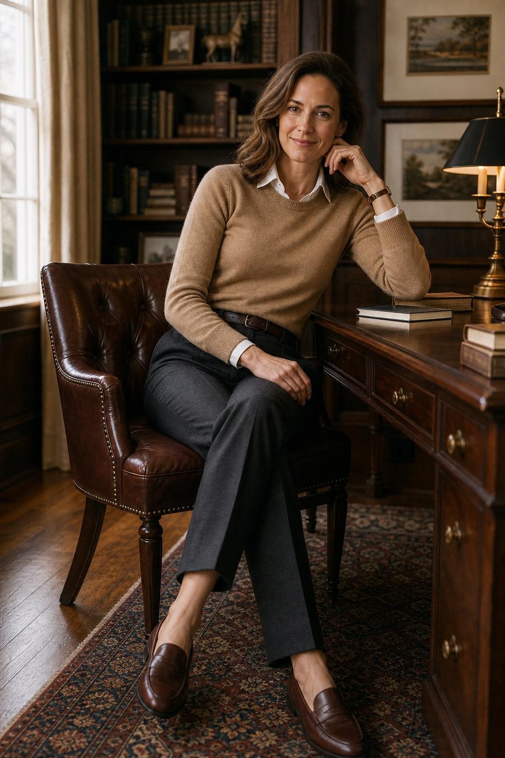 Camel crewneck sweater layered over white shirt, dark tailored trousers, brown loafers, classic home study desk (option 1)