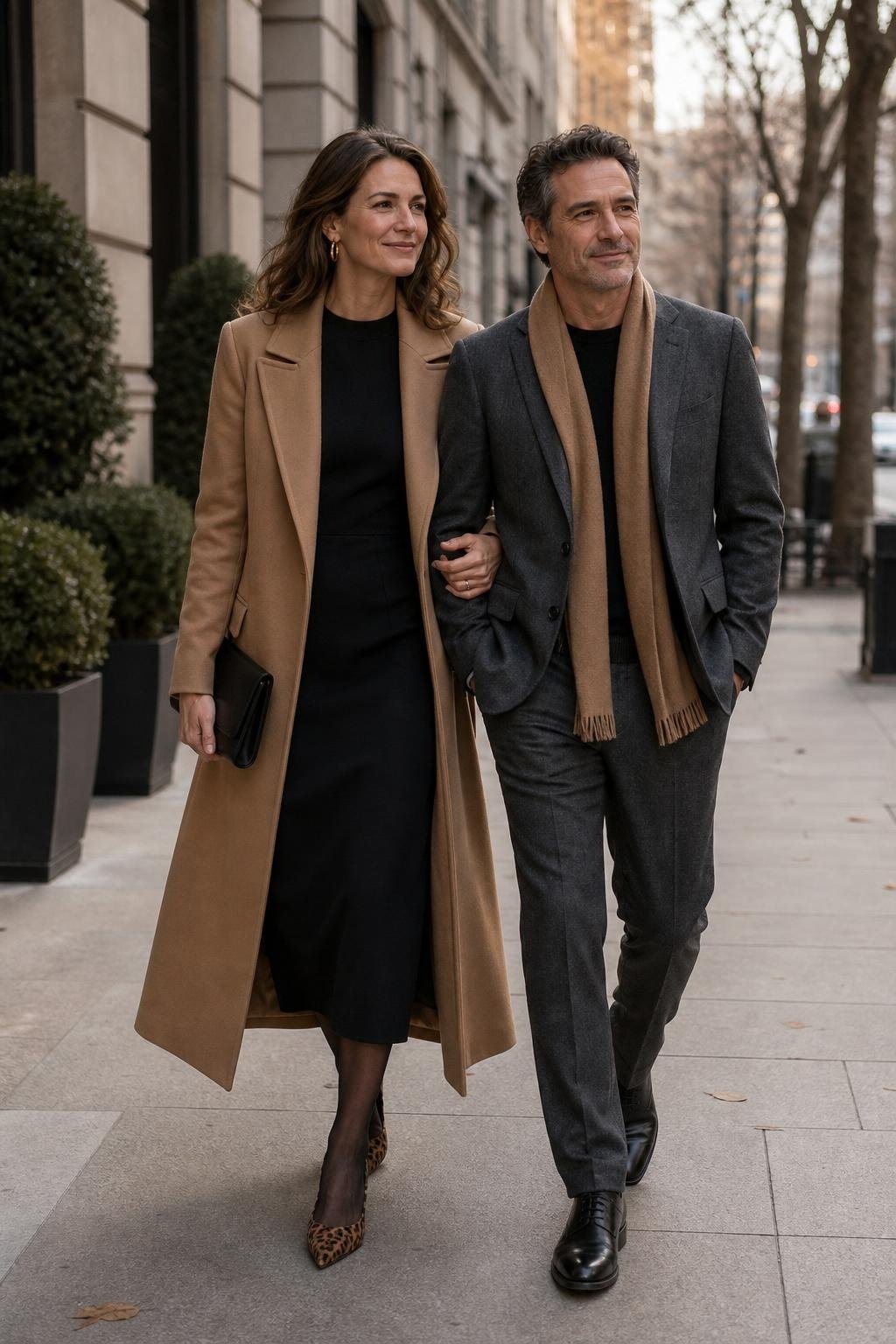 Camel wool coat, black column dress, leopard flats, polished city avenue scene (option 2)