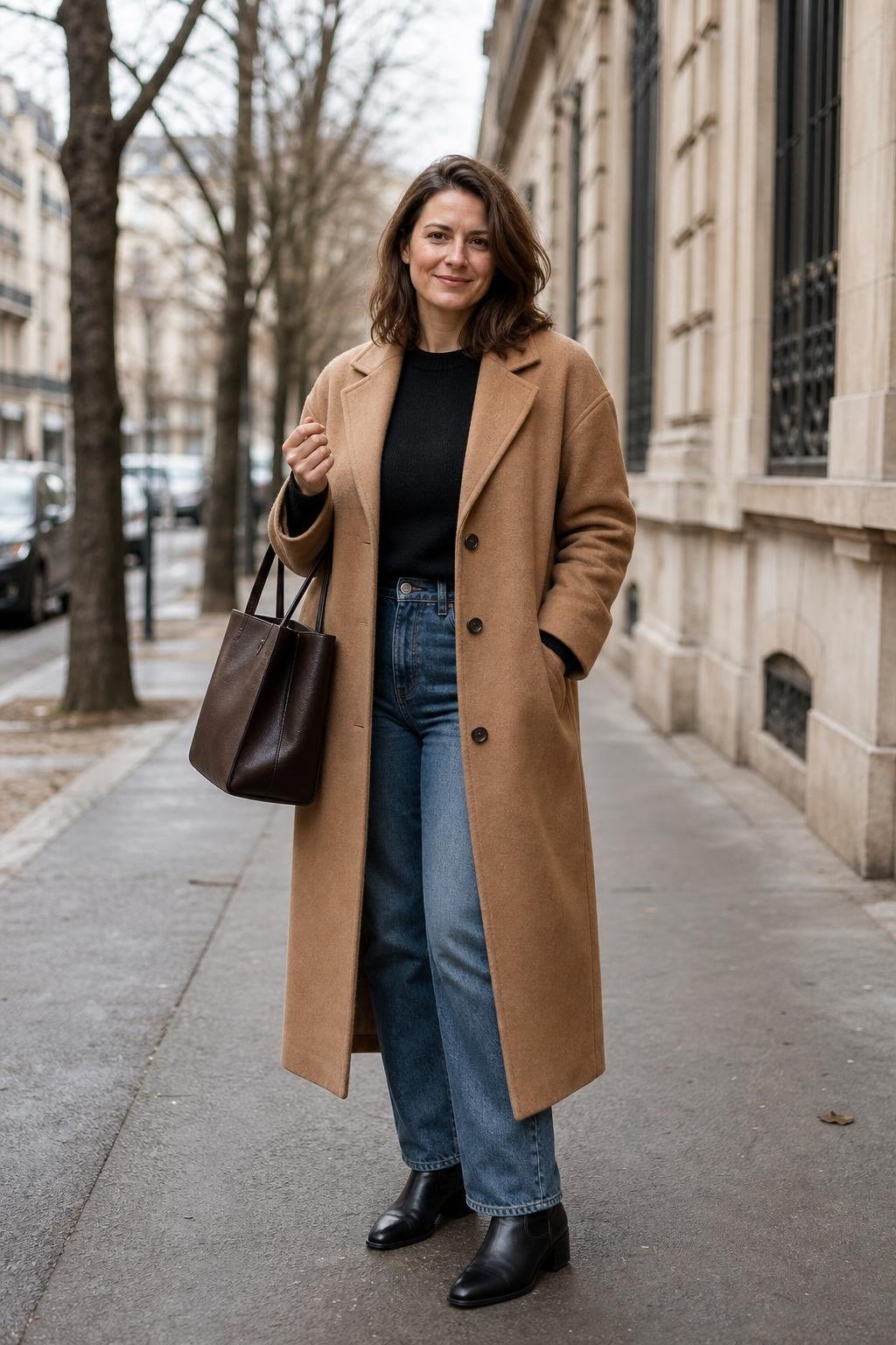 Camel wool coat, black crewneck sweater, straight blue jeans, ankle boots, leather tote on a winter boulevard (option 2)