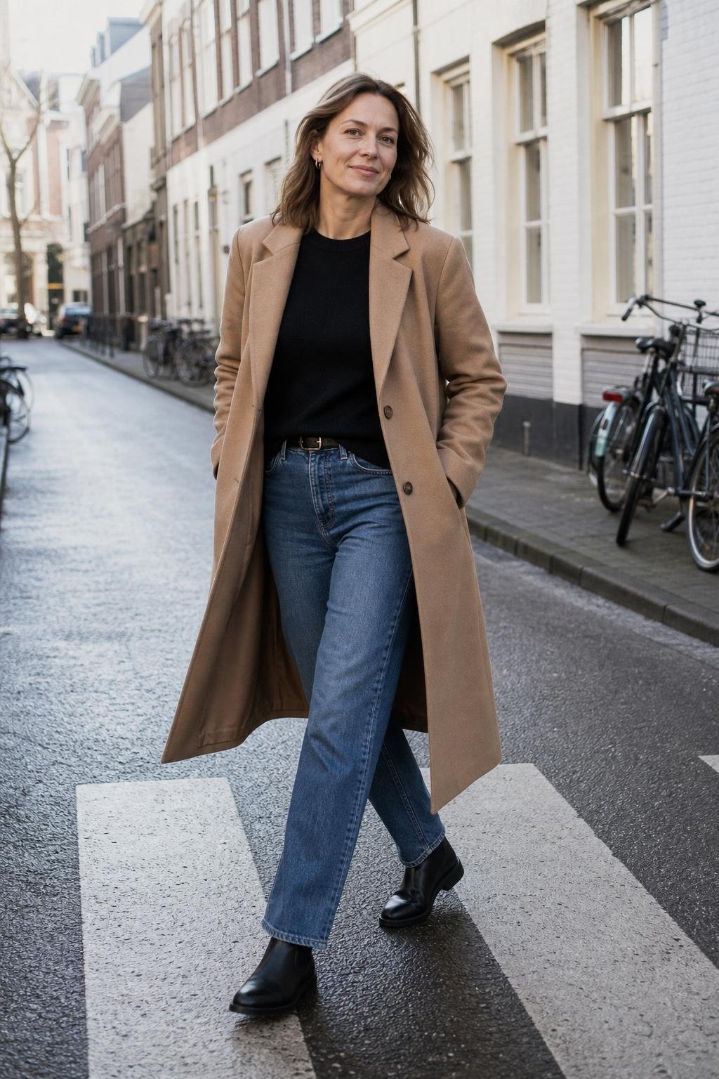 Camel wool coat, black fine-knit sweater, mid-blue straight jeans, black Chelsea boots, crisp city street (option 2)