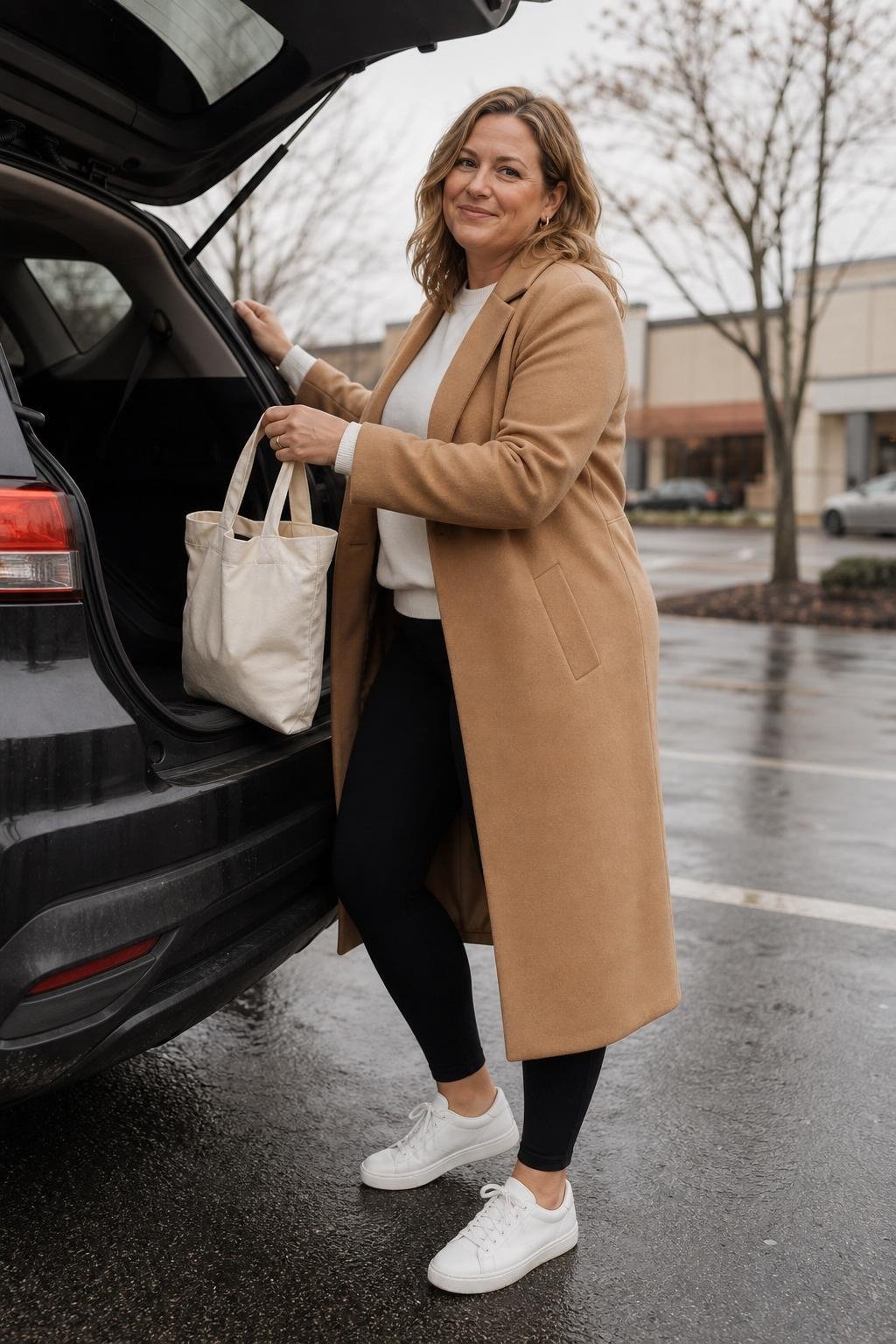 camel wool coat, black leggings, white sweatshirt, white sneakers, grocery store parking lot with cloudy sky (option 2)