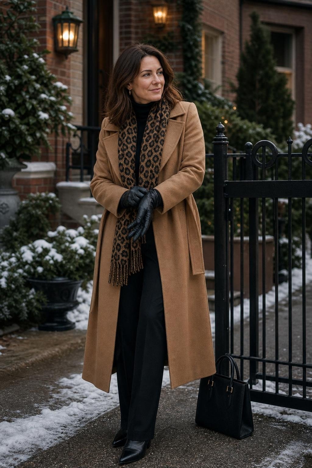Camel wool coat, black sweater, black trousers, leopard scarf, leather gloves, winter sidewalk (option 2)