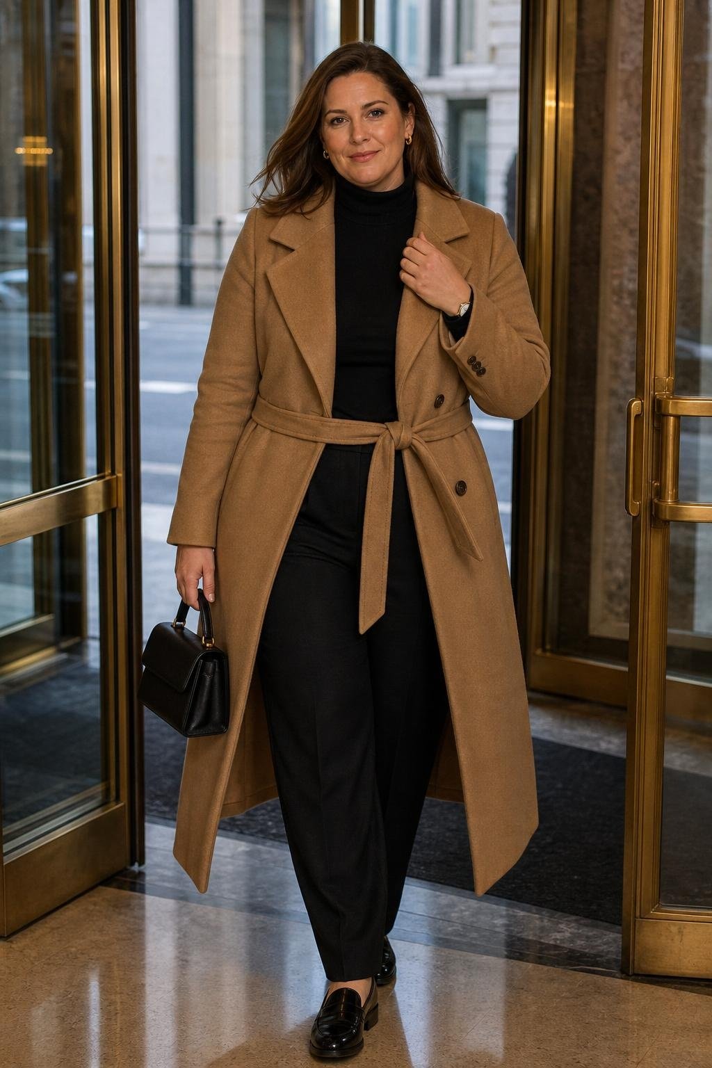 Camel wool coat, black turtleneck, black tailored trousers, black loafers, city sidewalk outside a historic hotel (option 2)