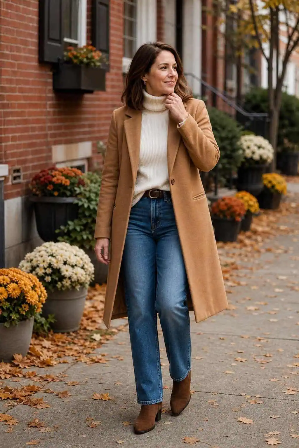 Camel wool coat, cream turtleneck, medium-wash straight jeans, brown suede ankle boots, crisp fall sidewalk (option 2)