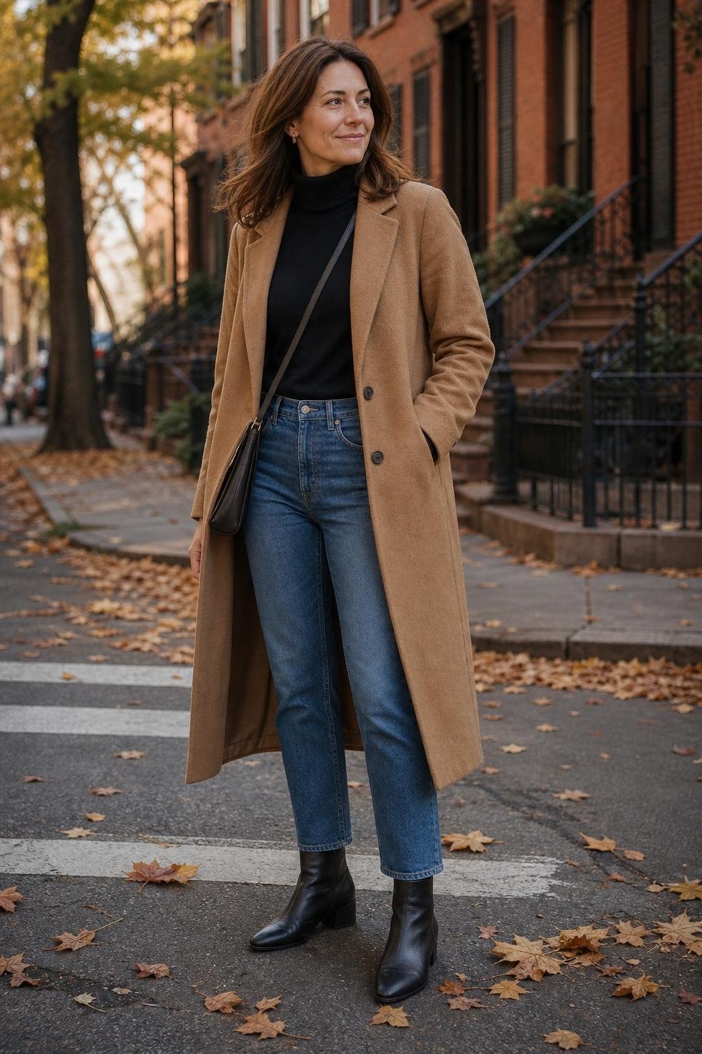Camel wool coat over black turtleneck and denim, ankle boots, city curb with fallen leaves (option 1)