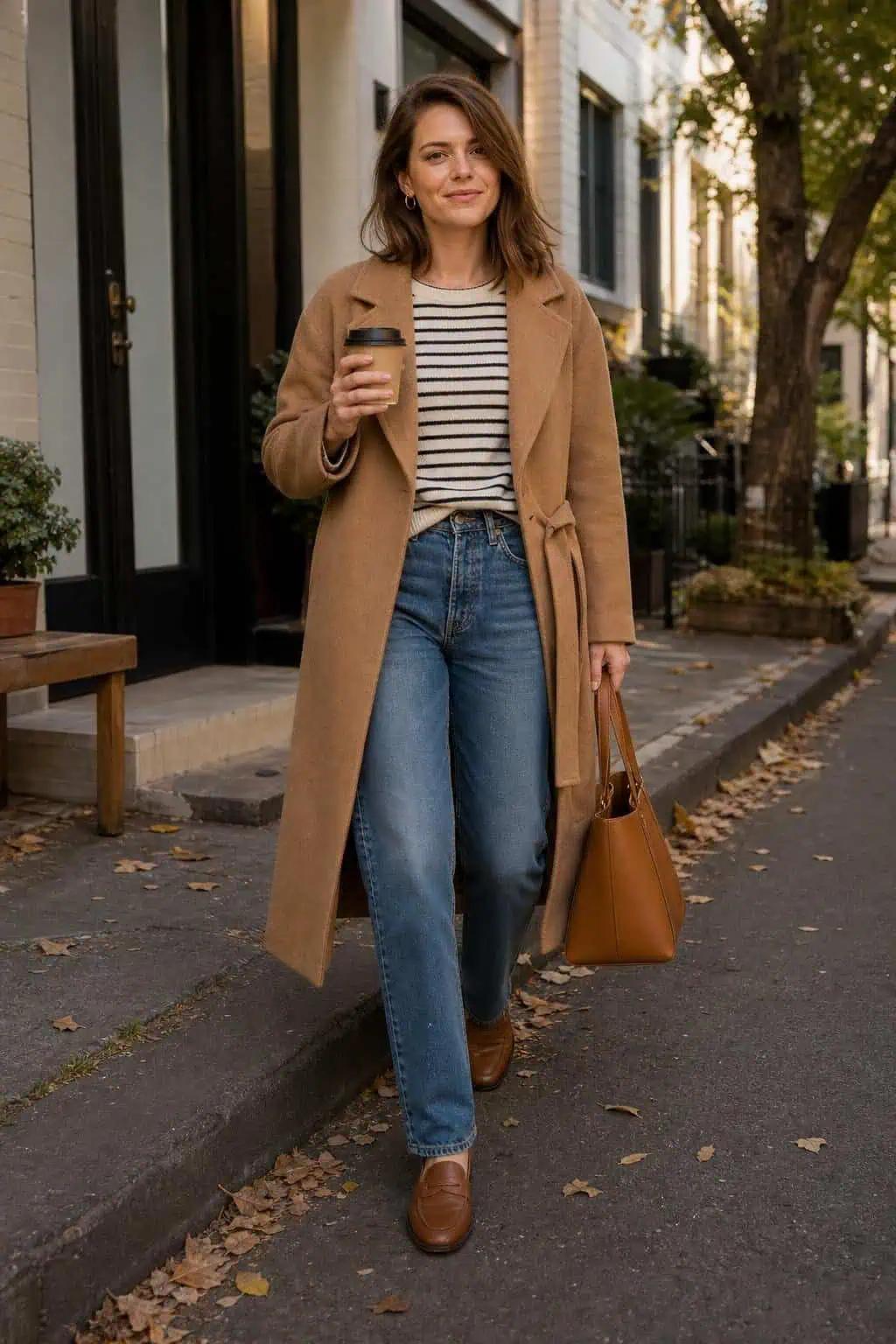 Camel wool coat over striped knit, straight blue jeans, tan loafers, structured tote, crisp sidewalk coffee run (option 1)
