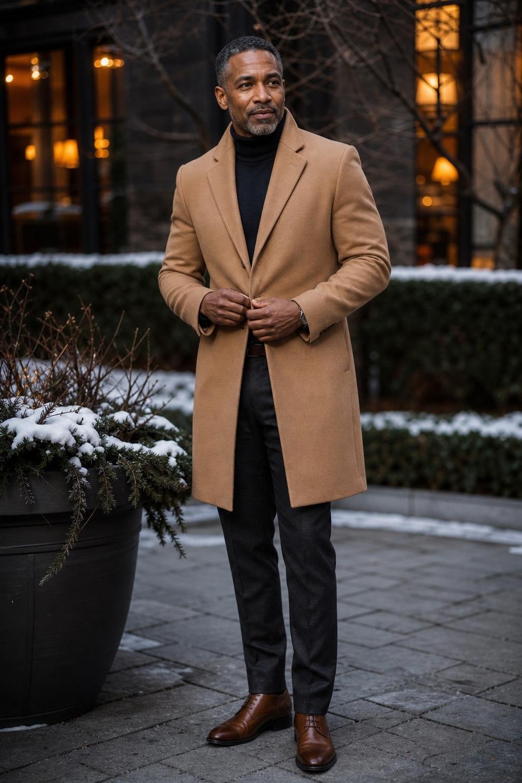 Camel wool overcoat, navy turtleneck, charcoal trousers, polished brown boots, winter downtown dinner scene (option 1)