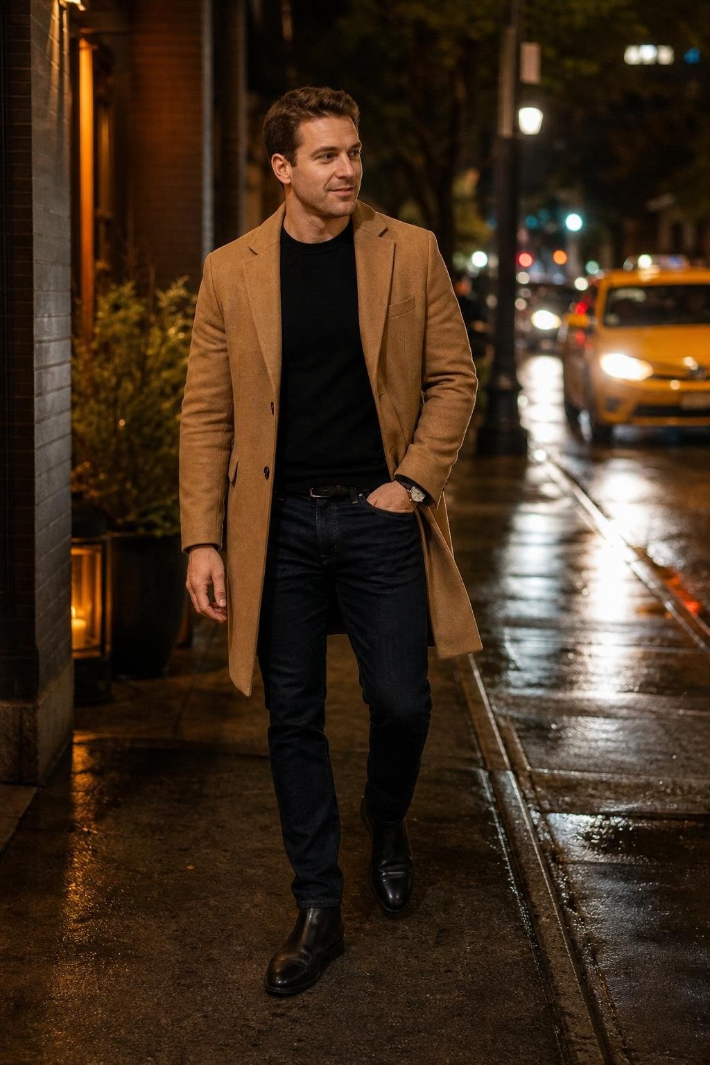 Camel wool topcoat, black crewneck sweater, dark rinse jeans, black Chelsea boots, city sidewalk dinner arrival (option 1)