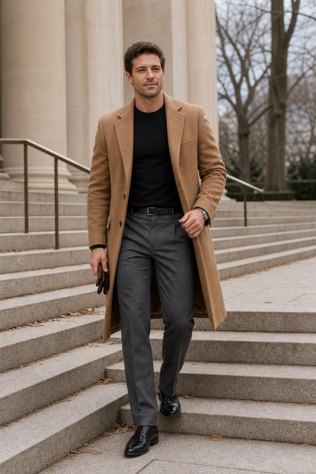 Camel wool topcoat, black fine-gauge sweater, grey tailored trousers, black leather loafers, winter gallery steps (option 2)