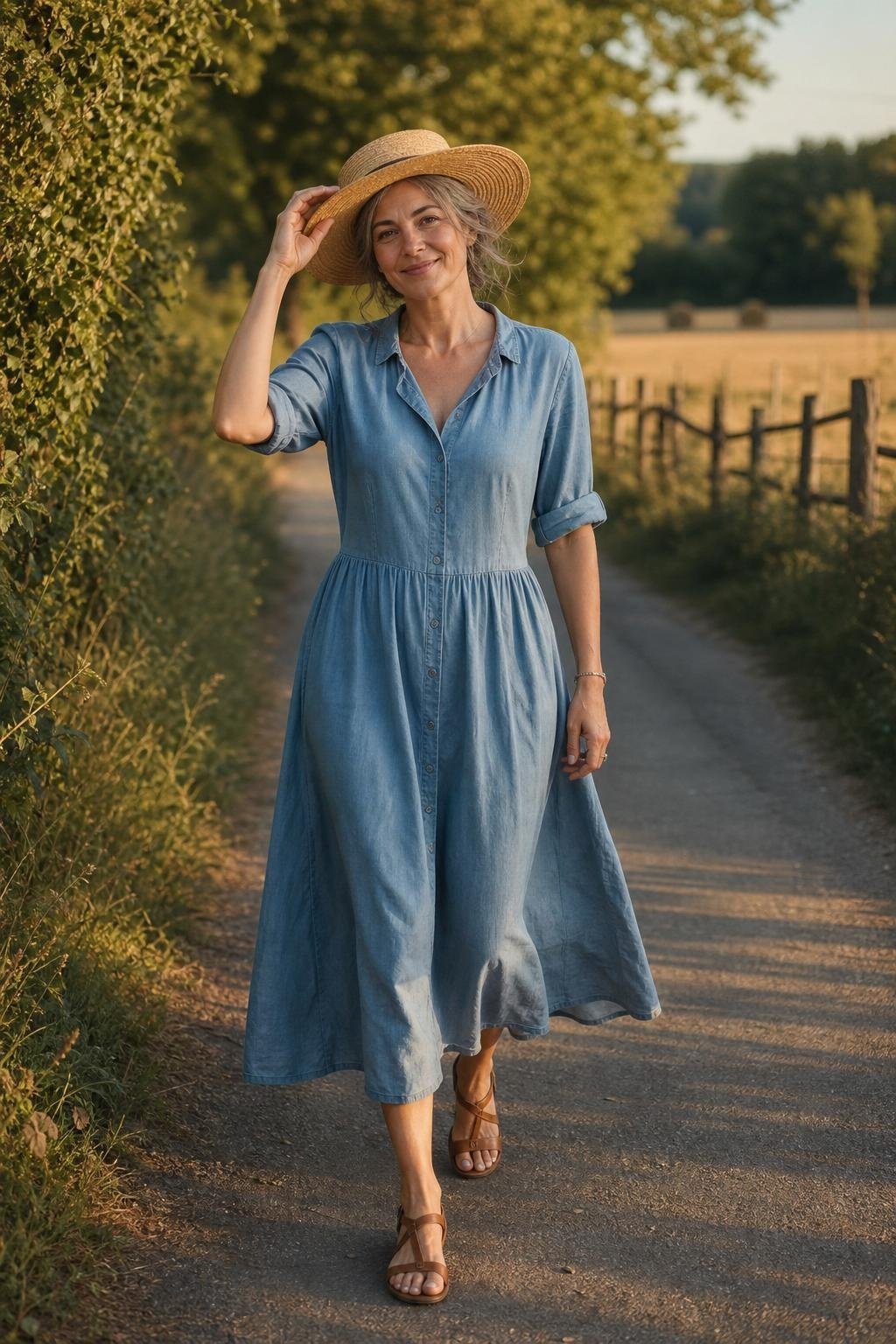 Chambray midi dress with straw hat and brown sandals on a country lane, breezy practical summer mood (option 2)