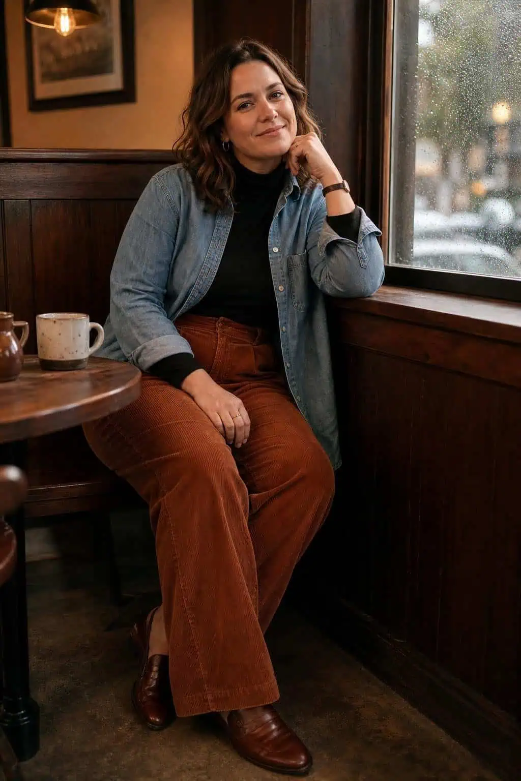 Chambray shirt layered over black turtleneck, rust corduroy pants, brown loafers in a cozy café (option 2)