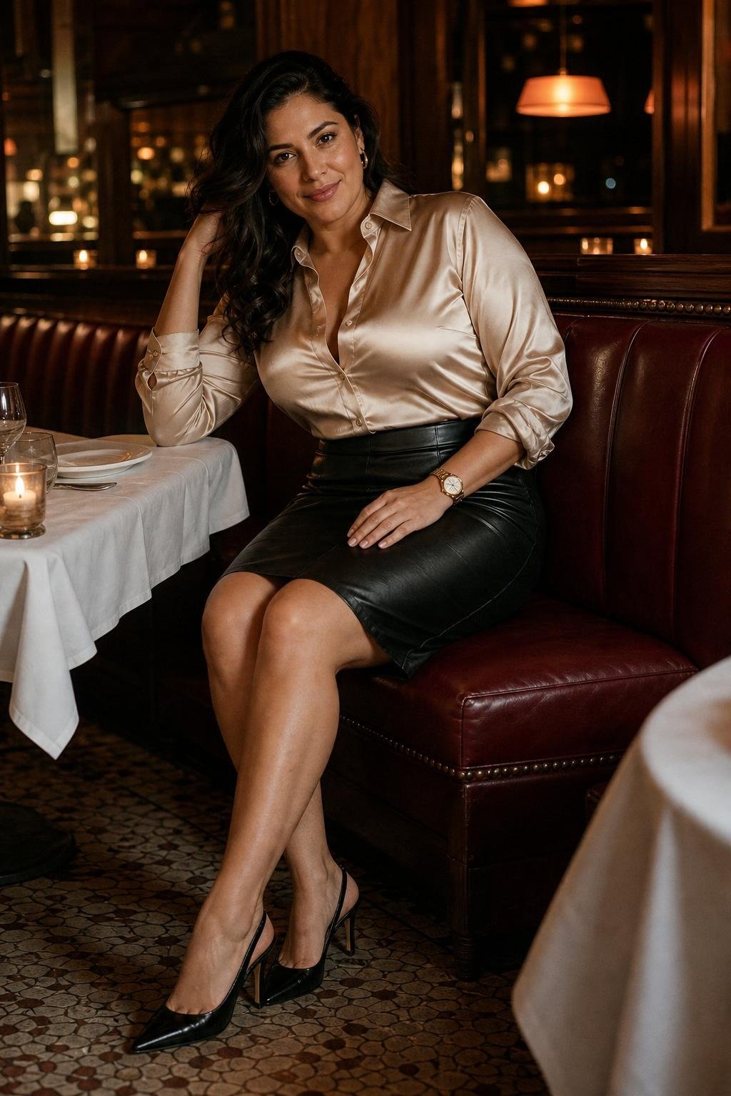 Champagne satin button-down, black leather pencil skirt, slingback heels, gold watch, restaurant booth (option 2)
